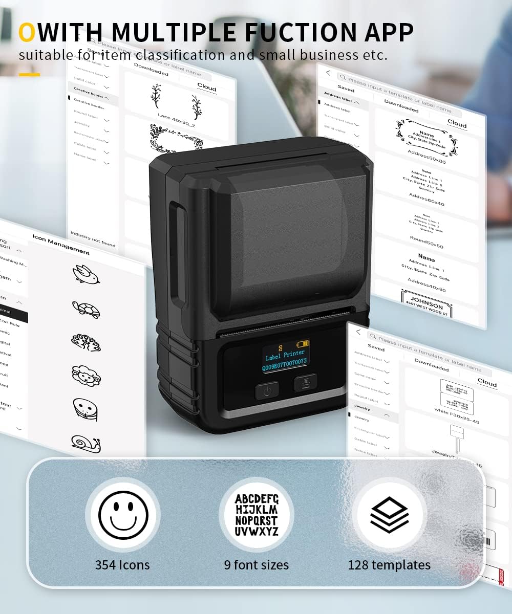 Phomemo M120 Label Maker with various app interface screens.