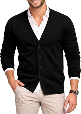 QUALFORT Mens 100% Cotton V Neck Button Down Cardigan Sweater with Pockets