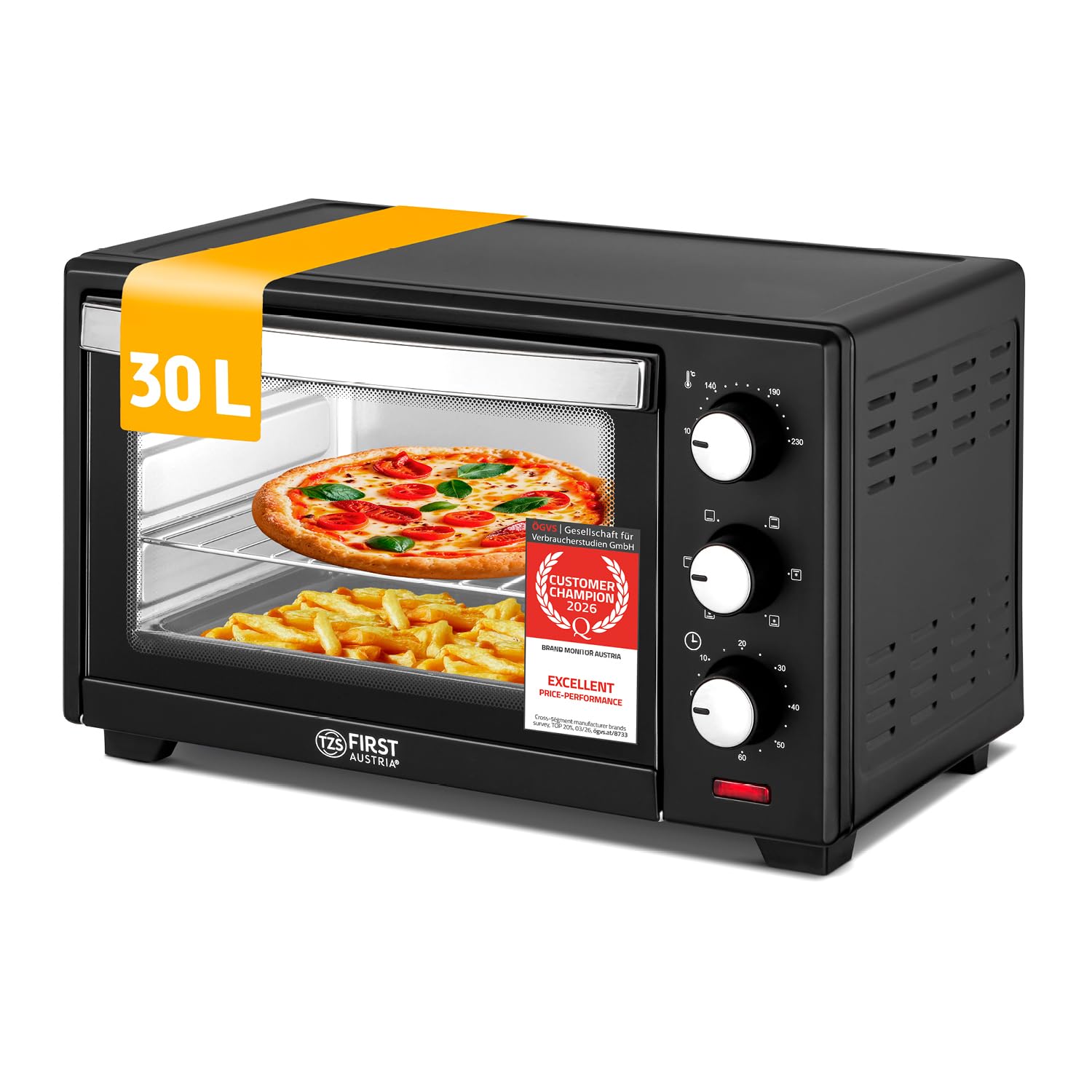 TZS First Austria - Mini Forno 30L 1600W - Fornetto con regolazione della temperatura fino a 230°C - Con timer di 60 min, 3 altezze di inserimento, teglia e griglia - Per cucine piccole e campeggio