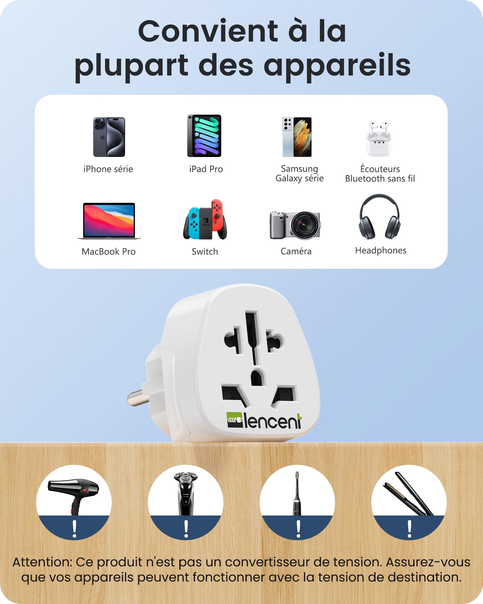 LENCENT 2X Adaptateur Universel vers France FR pour la Connexion d'appareils étrangers, par ex. UK Anglaise Angleterre, USA Americaine, Chine, Australie, Japon, Italie, Suisse etc.