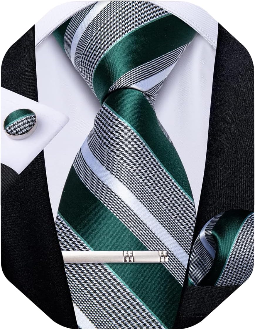 DiBanGu Mens Striped Tie Silk Woven Necktie and Pocket Square Cufflinks Tie Clip Set Wedding Business Formal Gift Tie for Men