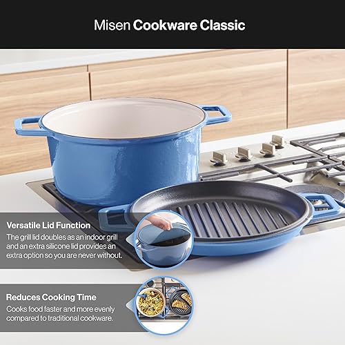 Miniatura 5 de Misen Parrilla para horno holandés 7QT con tapa de silicona, revestimiento de esmalte premium, asas dobles y anchas, base grande duradera,