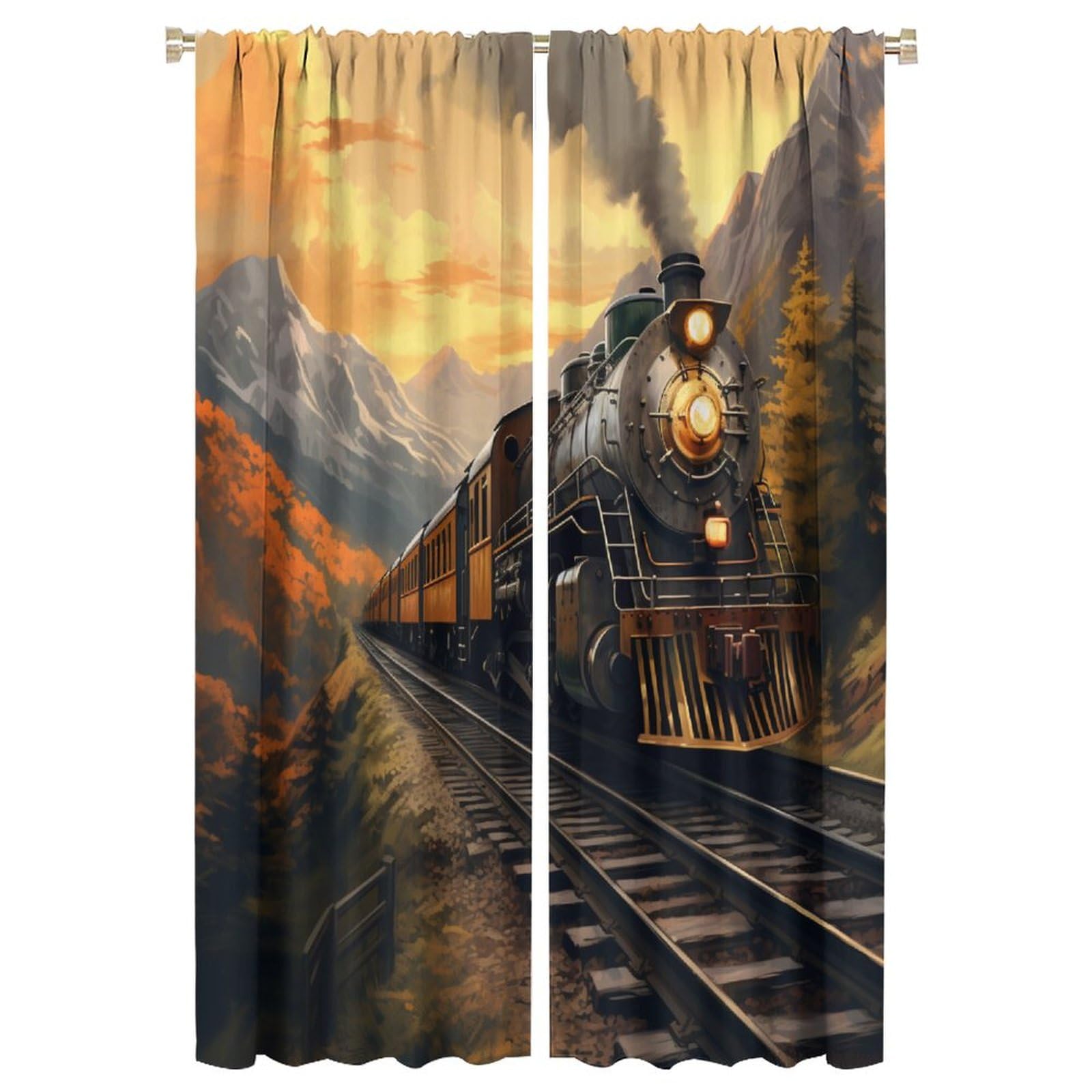 LITINGZHILONG Retro Steam Train Theme Blackout Curtain, Sunset Mountains Moving Train Scenic Curtain, Teen Scenic Bedroom Blackout Curtain 2 Panels