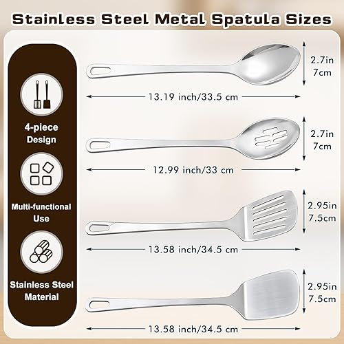 Miniatura 7 de Juego de 4 utensilios de cocina de acero inoxidable, herramientas de cocina de metal resistentes al calor, incluye espátula Wok sólida y ranurada,