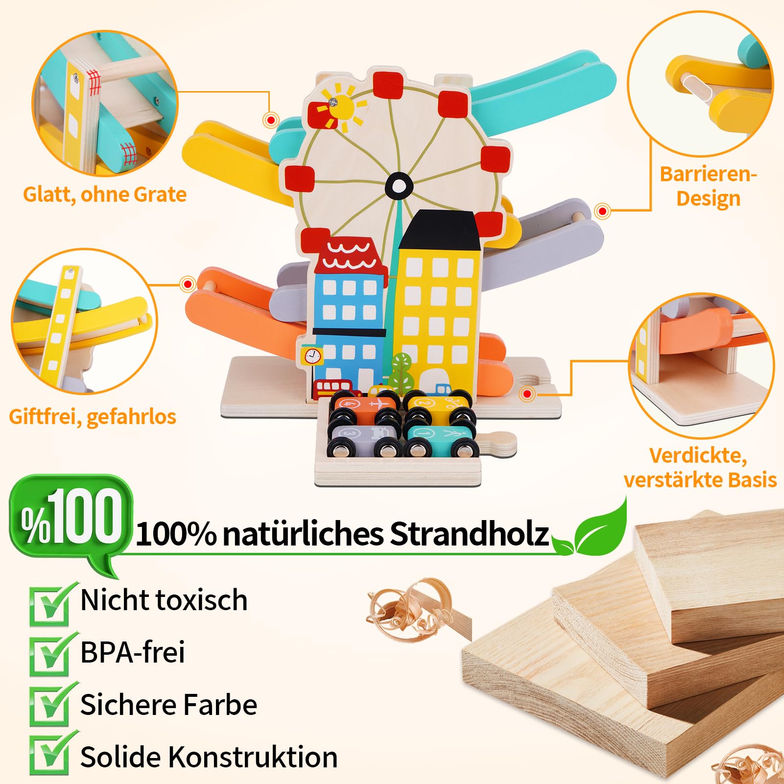 FCSONU Kinder Montessori Spielzeug ab 1-4 Jahre, Autorennbahn/Murmelbahn/Kugelbahn Holz ab 1 Jahr, Kinderspielzeug Holzspielzeug ab 1 2 3 Jahr, Weihnachten Geburtstag Geschenk für Junge Mädchen Baby