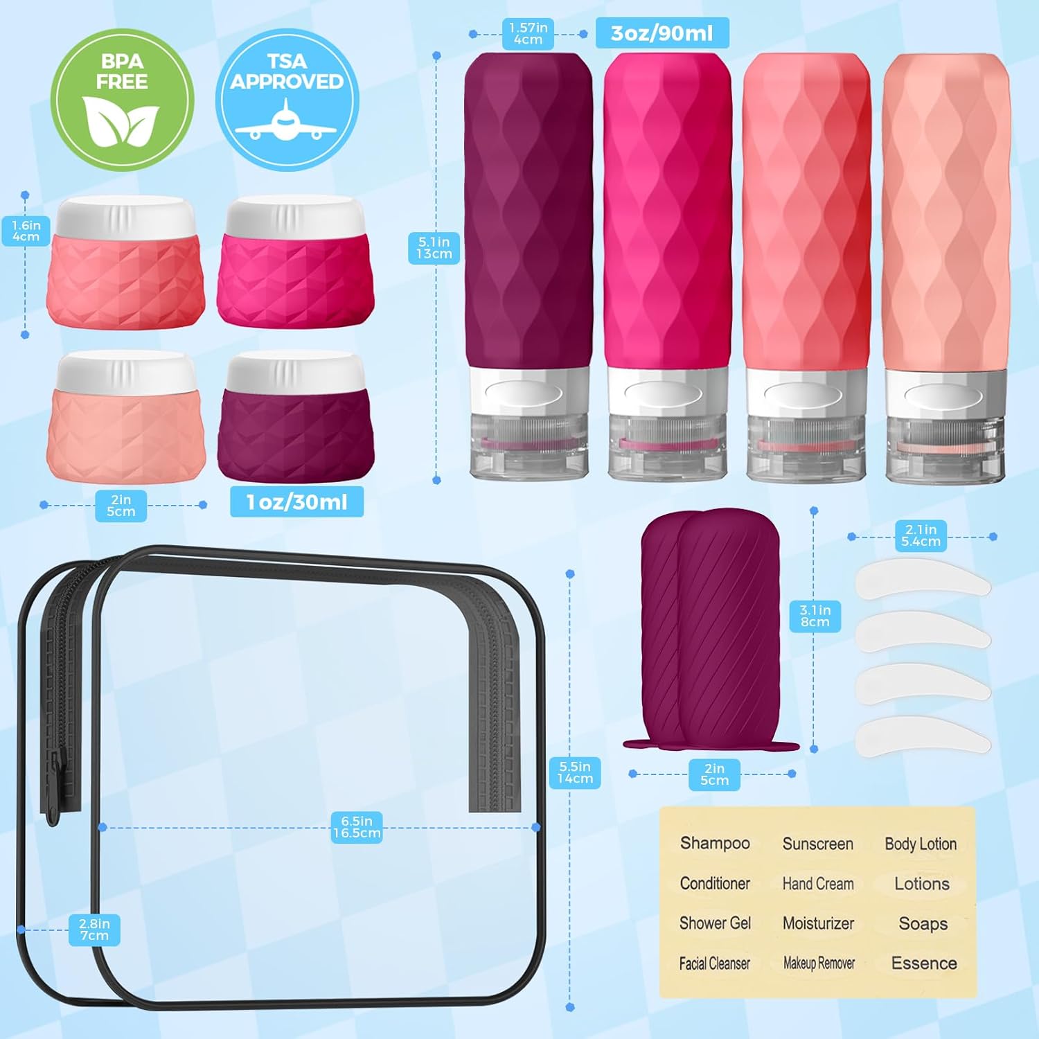 16Pack Travel Bottles for Toiletries, TSA Approved Travel Size Toiletries Containers Set, Silicone Leak Proof Refillable Bottles Elastic Sleeves Creams Jars Accessories Kit W/Clear Bag (Purplish Red) - Image 2