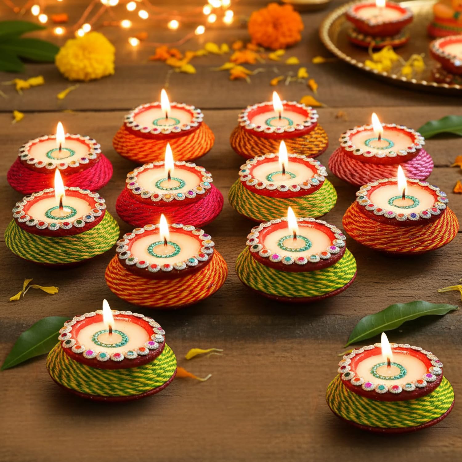 TIED RIBBONS 12 Pcs Handmade Clay Diya for Diwali - Wax Filled Traditional Homemade Tealight Indian Oil Lamp - Terracotta Matki Diya for Home Decorations and Gifts