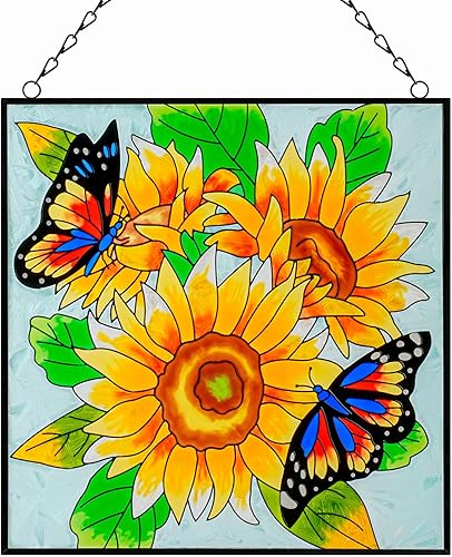 Colgantes de ventana de girasol y mariposa, panel de cristal de 11 pulgadas con cadena para colgar en la ventana, regalos para amantes de las