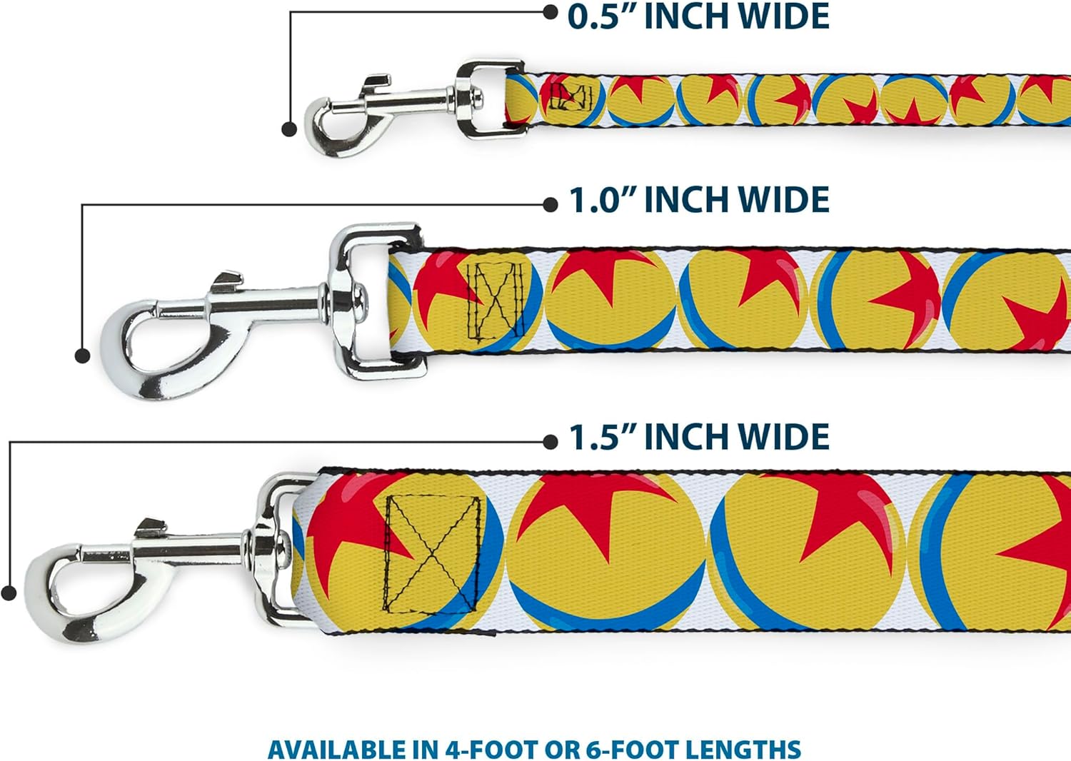 Dog Leash Disney Pixar Luxo Ball Repeat White Yellow Blue Red 4 Feet Long 1.5 Inch Wide