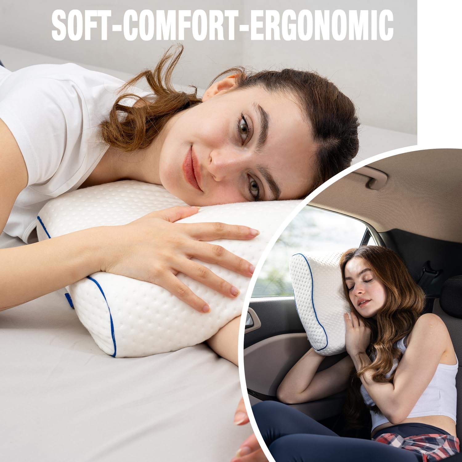 Cómoda almohada de espuma viscoelástica para viajes y camping, bolsa portátil fácil de llevar, funda de almohada reguladora de temperatura, perfecta para viajar (contorno blanco)