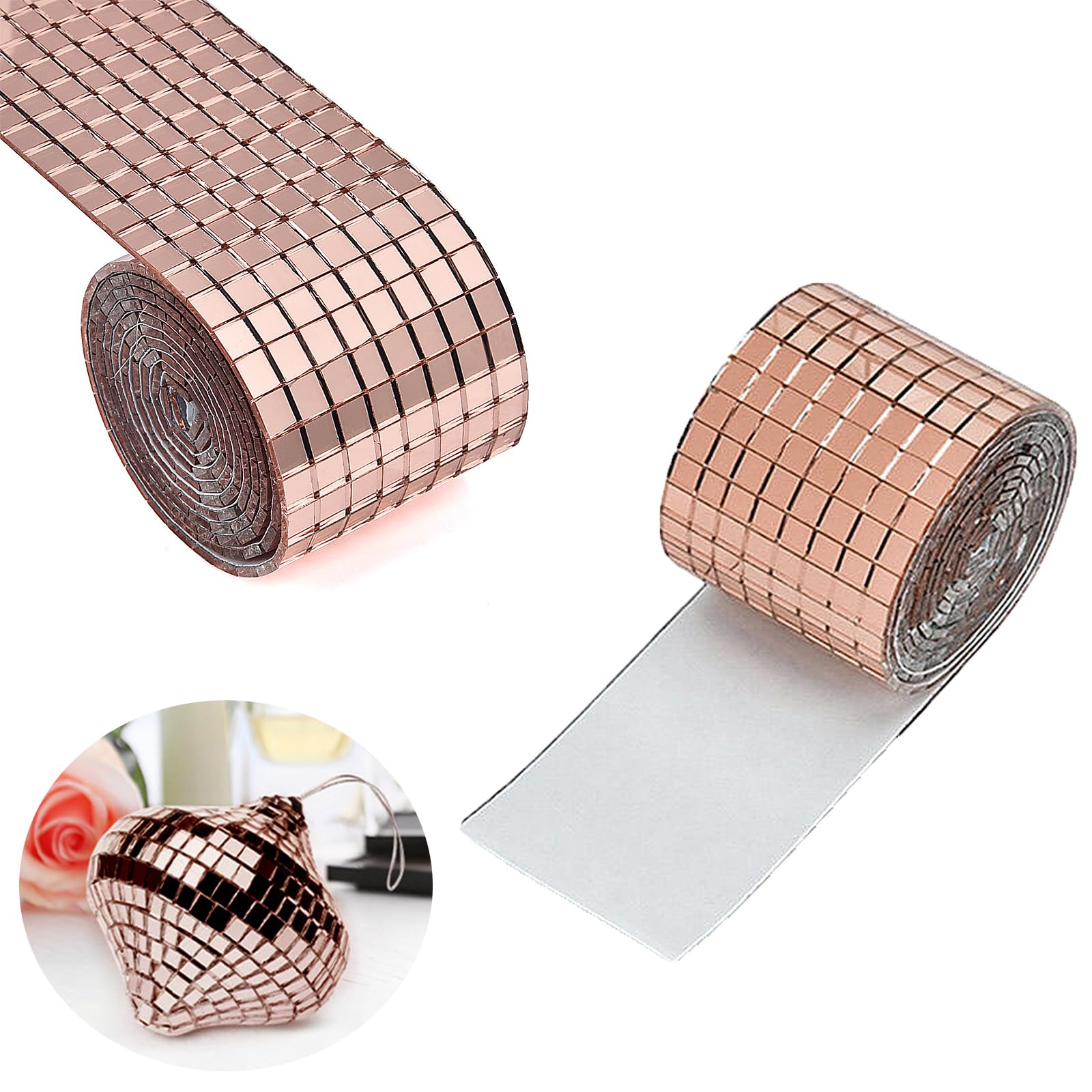 Bajiuxhfei 3200 Stück Spiegel Mosaik Fliesen Disco Kugel, Selbstklebende Mini Spiegel, Selbstklebend Echt Quadratisch Glas, Selbst Adhesive Mosaic Glas für Badezimmer, Hotel(5 mm x 5 mm) (Roségold)