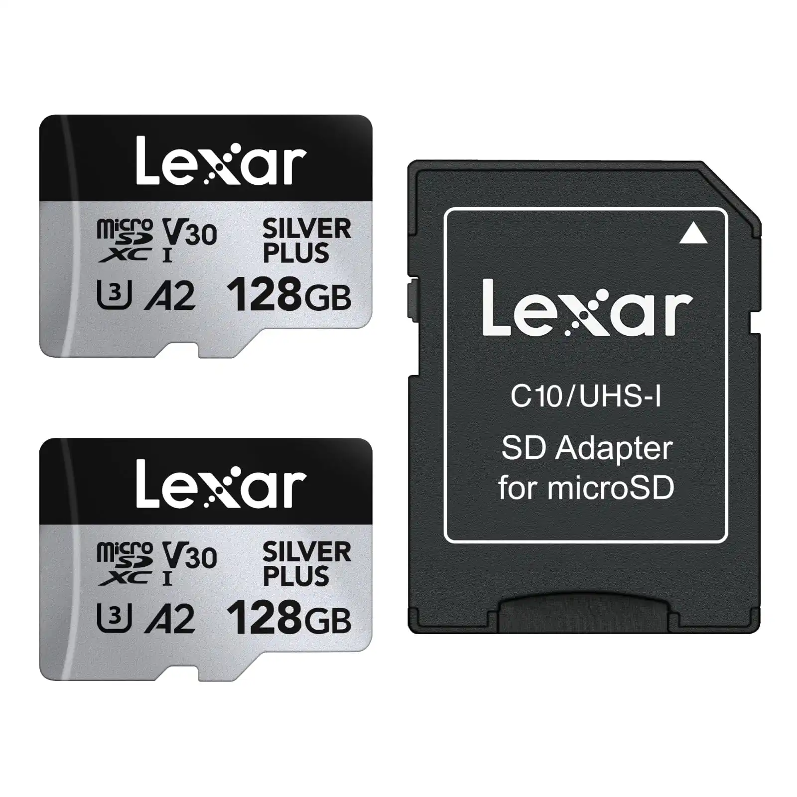 Lexar Silver Plus Micro SD Karte 128GB 2-Pack, Bis zu 205 MB/s Lesegeschwindigkeit, 150MB/s Schreibgeschwindigkeit, Speicherkarte Micro SD mit Adapter, UHS-I, A2, U3, V30, Klasse 10, 4K UHD microSDXC