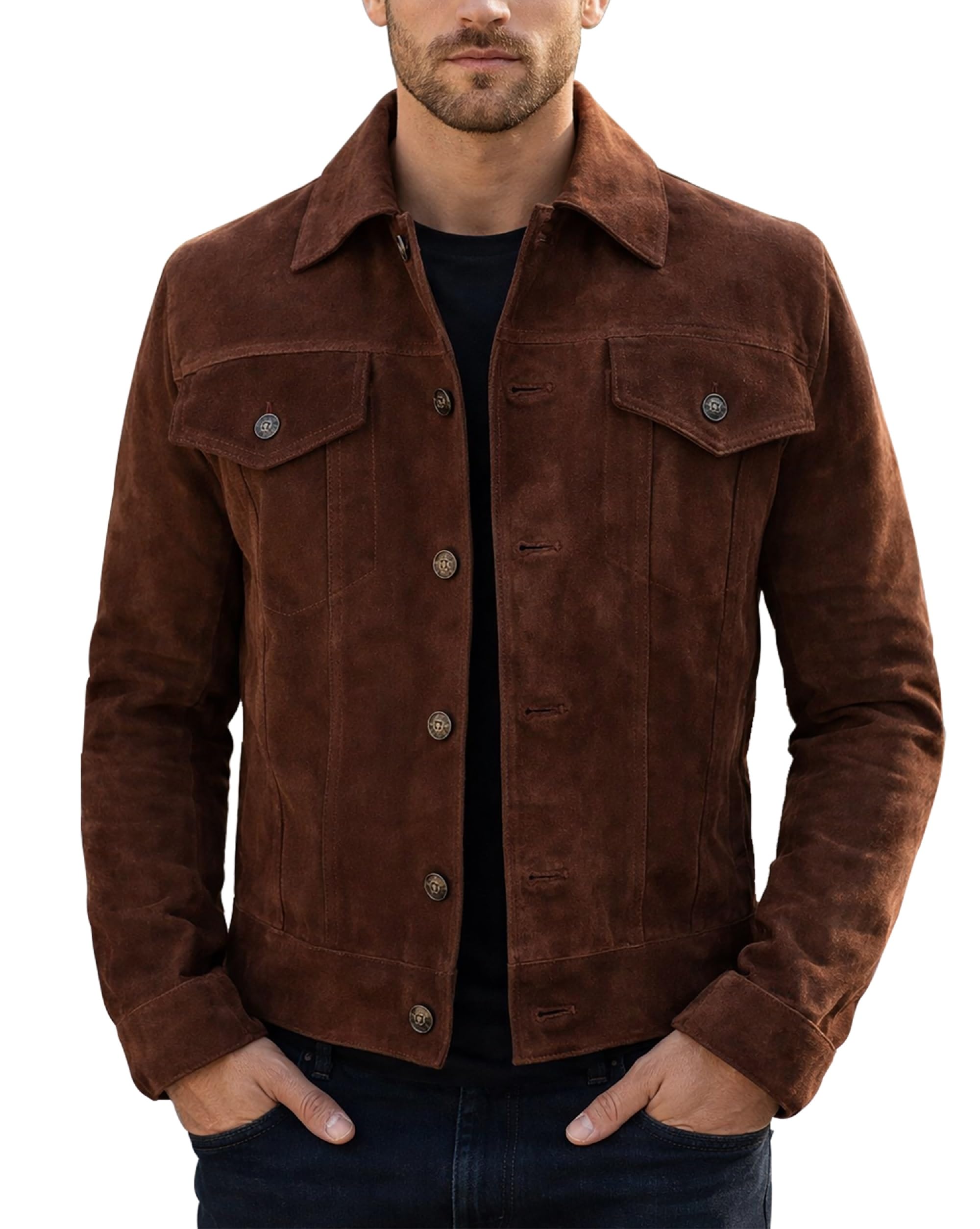 LP-FACON Mens Trucker Suede Leather Jacket - Western Style Cowboy