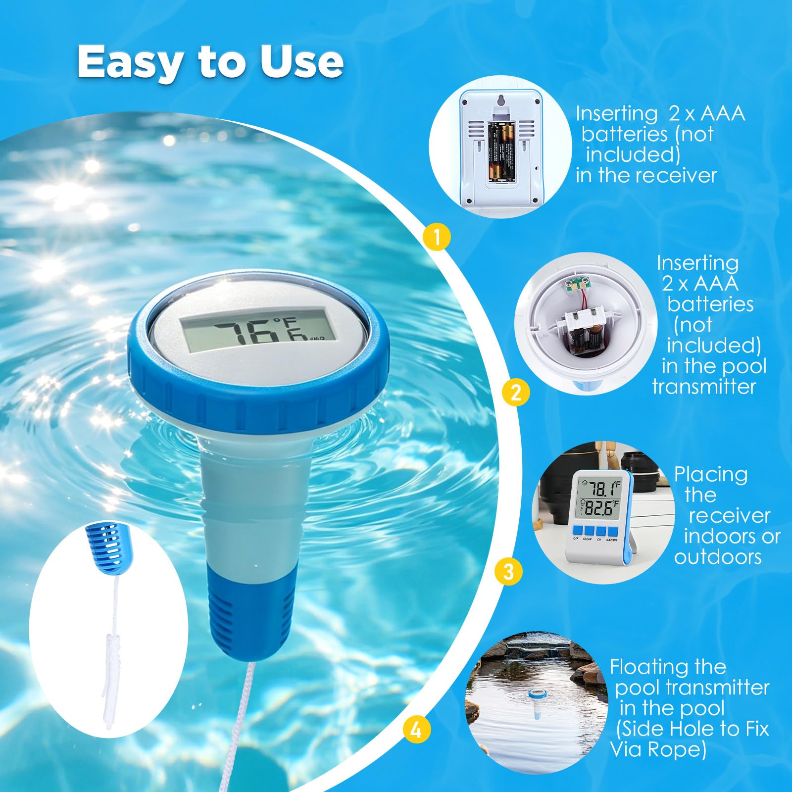Thermomètre Piscine RF433 Connecté Thermomètre de Piscine， IPX8 Numérique Sans Fil Pool Thermometer pour Piscine, Bains à Remous, Spa, Aquarium, Lecture Facile