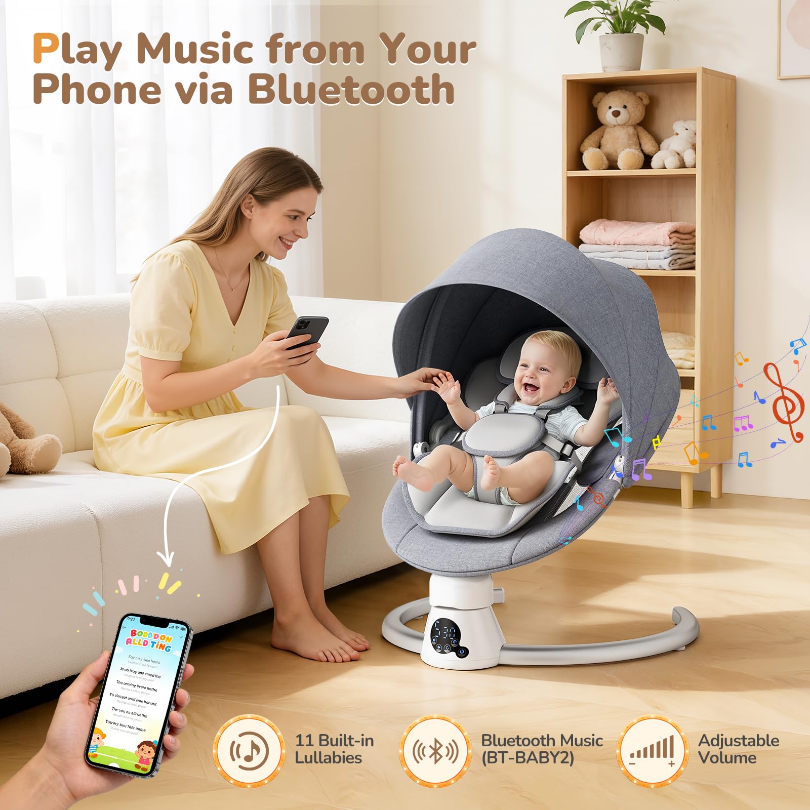 Sdraietta Elettrica per Bebè con App e Telecomando, Hamaca Elettrica fino a 9 kg con 5 Velocità di Oscillazione, 3 Timer, 11 Canzoni, Cinture di Sicurezza a 5 Punti, 2 Posizioni Seduta - Grigio