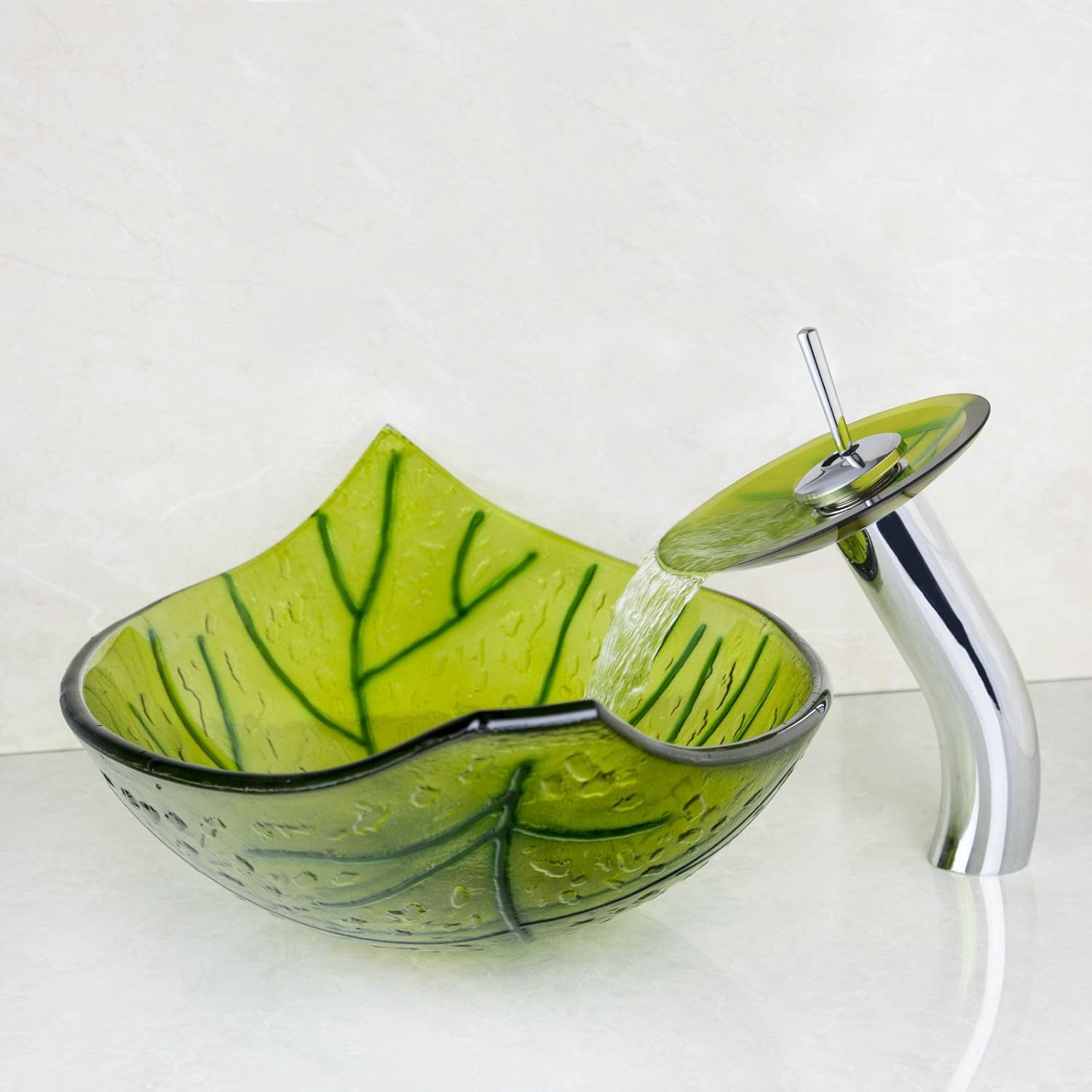 YANKSMART Bathroom Waterfall Victory Vessel Washbasin Spring Tempered Glass Sink Brass Mixer Tap set