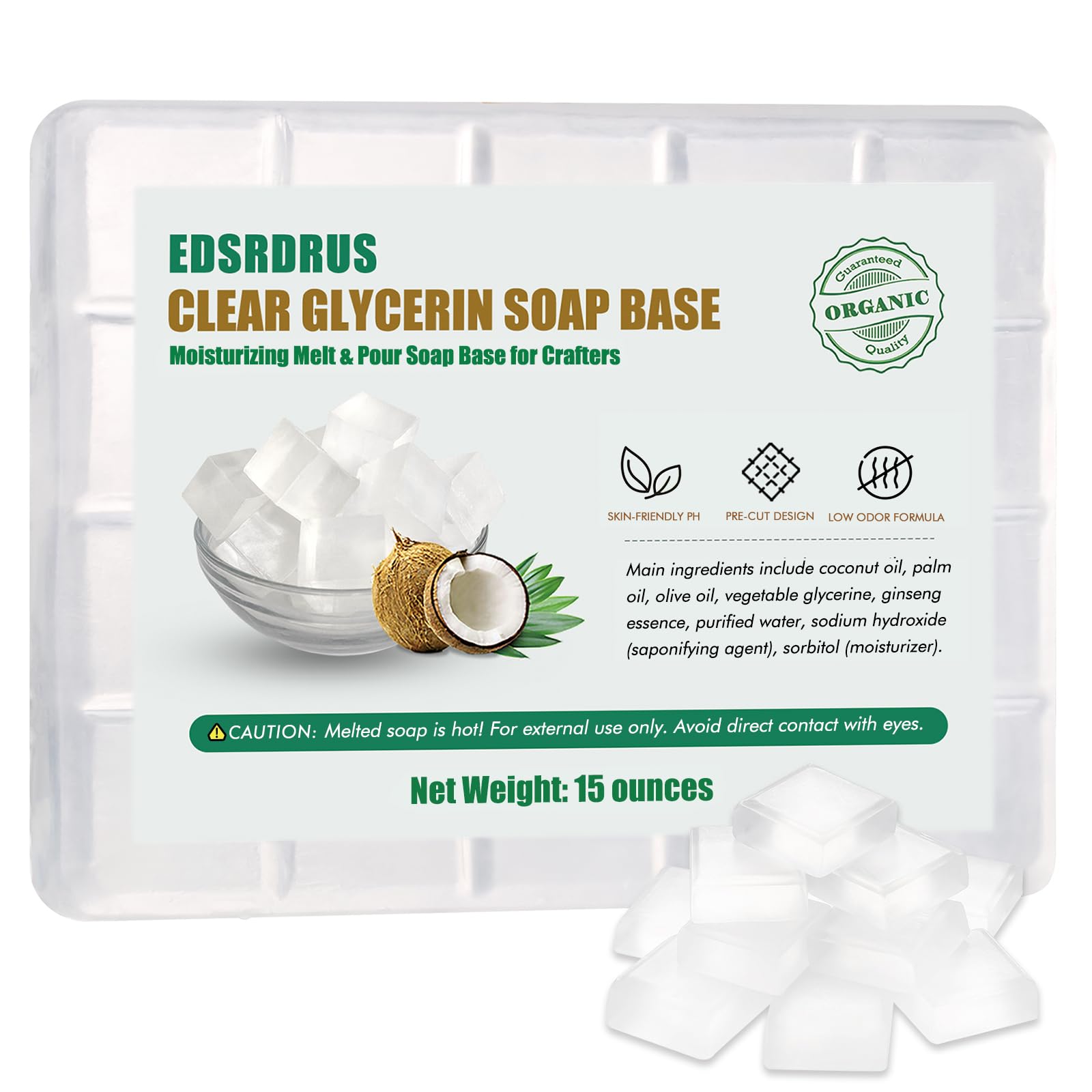 EDSRDRUS 15 oz Clear Glycerin Soap Base, Melt & Pour, Easy-Cut, Unscented