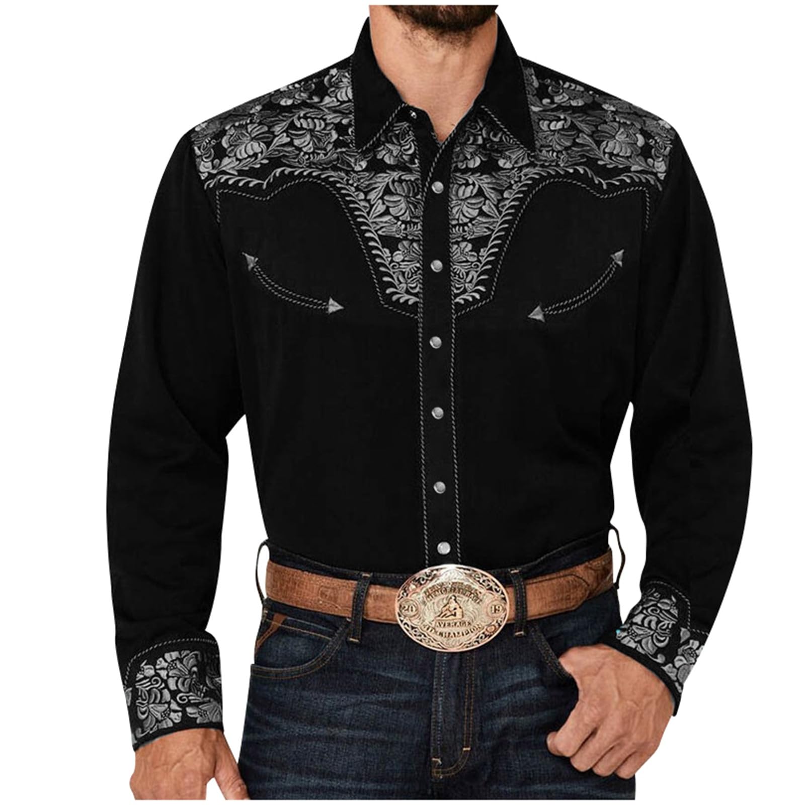 Mymyguoe Vintage Cowboy Shirt Men's Western Embroidered Print Western Shirt Retro Traditional Casual Shirt Western Cowboy Shirt Cowboy Costume Long Sleeve Button Party Shirts Hippie Shirt, s02 light — image 1