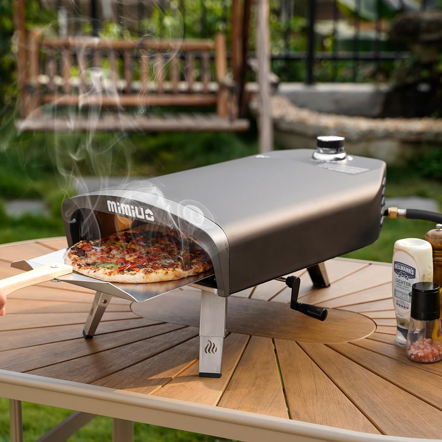 Mimiuo Gas Pizzaofen mit Drehfunktion und Gasdruckregler, Tragbarer Gasofen für Garten, 33cm Pizzastein