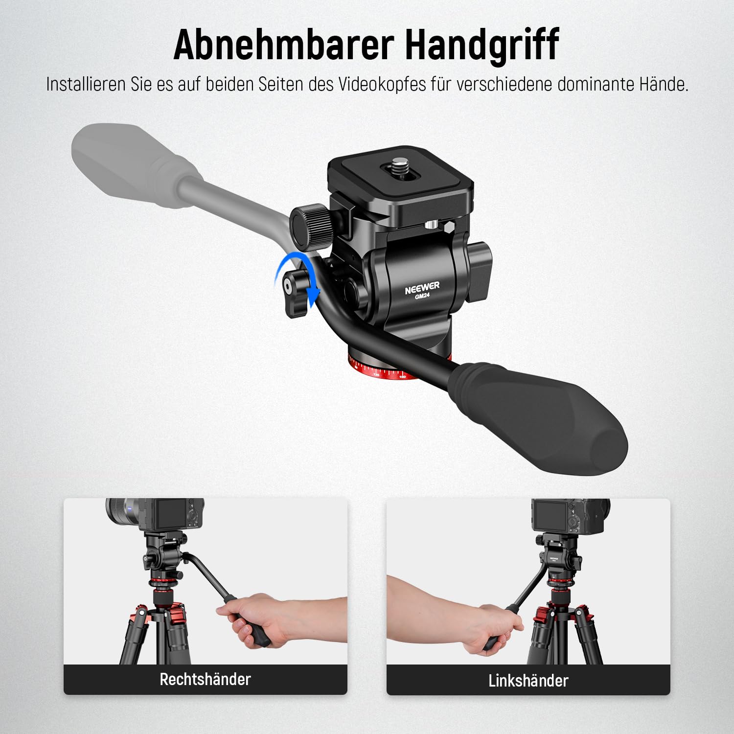 NEEWER Stativ Fluidkopf Pan Tilt Head mit Schnellwechselplatte und Griff, Metall Kamera Stativkopf kompatibel mit Arca Swiss für kompakt Videokameras DSLR Kameras, Belastbar bis zu 3kg,GM24(Rot)