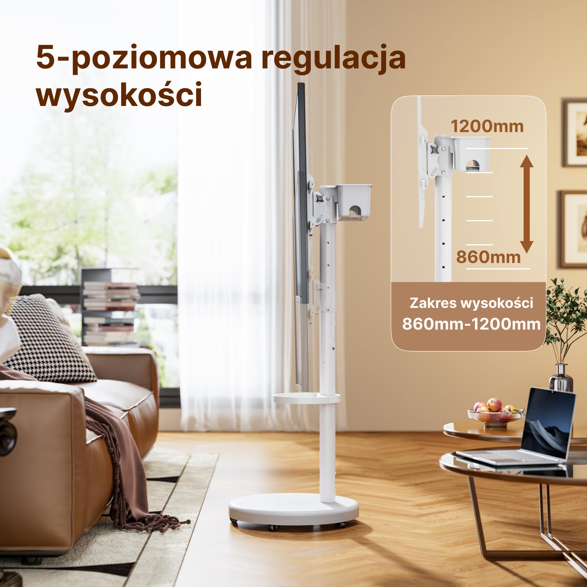 Stojak pod telewizor z regulacją wysokości, do telewizorów 37-86" | udźwig 50 kg, format pionowy i poziomy, stabilny, mobilny wózek pod telewizor z półką, maks. VESA 600 x 400 mm (biały)