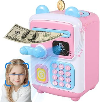 Electronic Piggy Bank, Auto Scroll Paper, Face ID Password Safe Unlocking Atm Money Box, Cash and Coin Saving Box Atm Toy Gifts for 3-12 Year Kids Boys GirlsPink