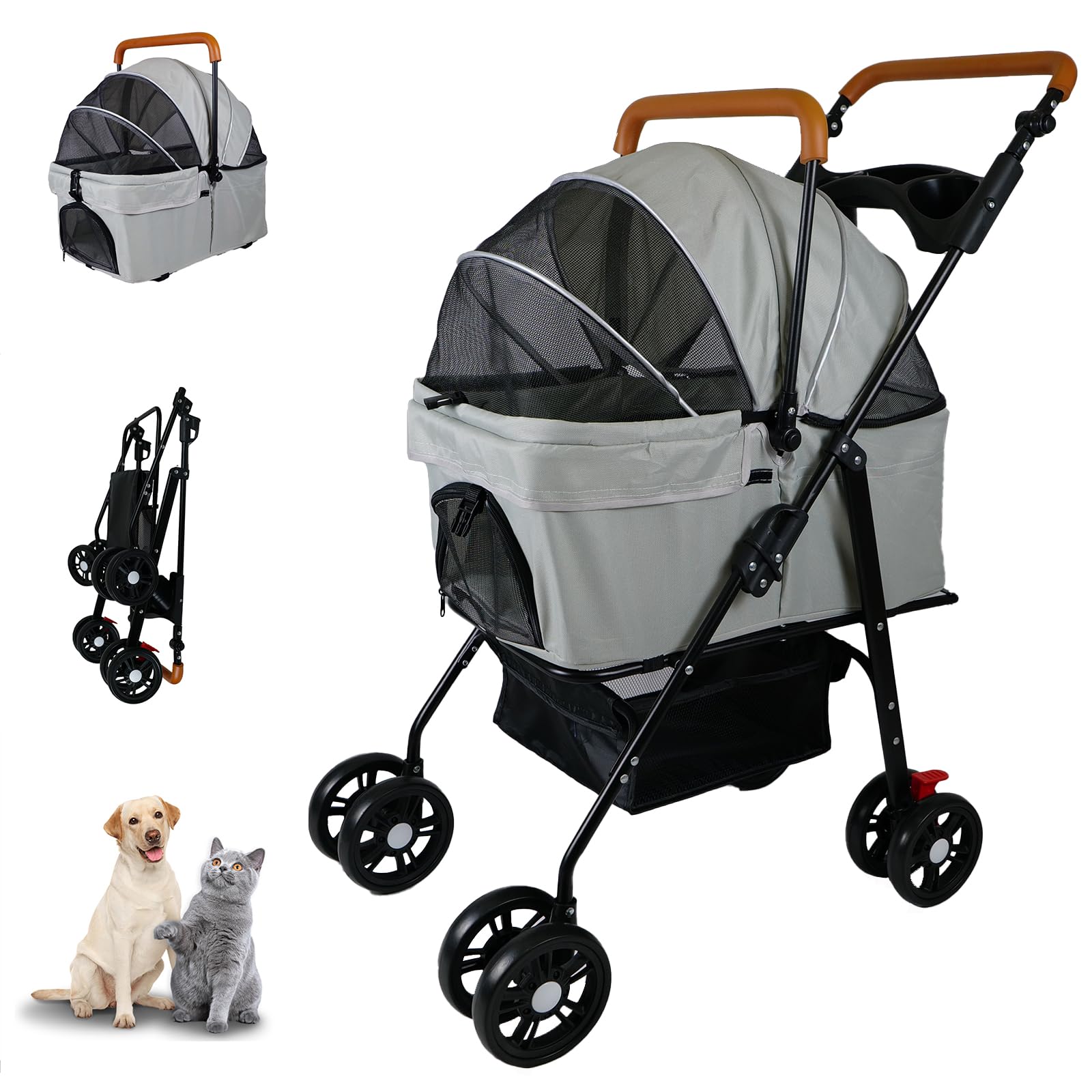 Pet Stroller with Storage Basket and Cup Holder, Folding Dog Jogger, Foldable Cat Stroller, 3 in 1 Puppy Kitten Cart, Pet Jogger for Medium Dog Cat (Gray)