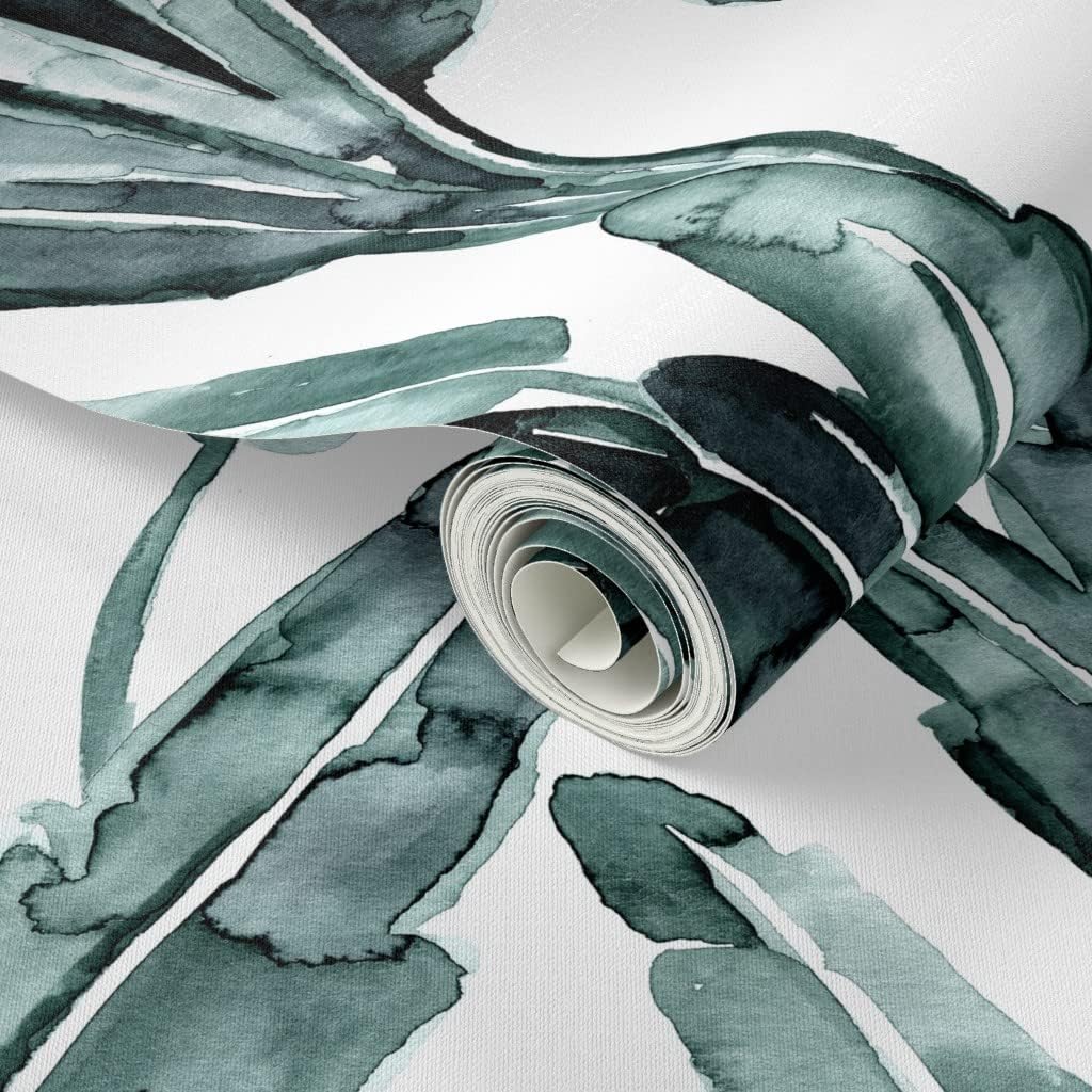 Peel & Stick Wallpaper 3ft x 2ft - Banana Leaves Blue Sage Leaf Tropical Birds Paradise Gray Modern Botanical Green White Print Custom Removable Wallpaper by Spoonflower