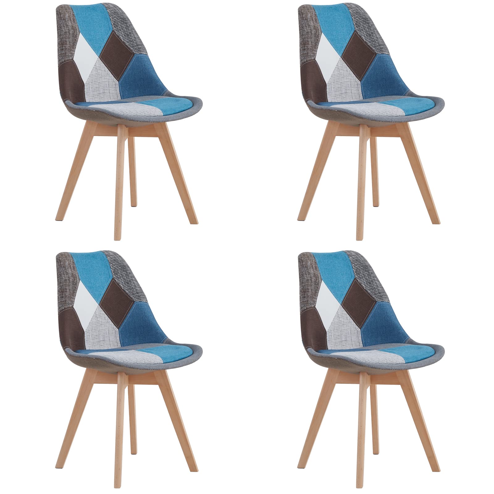 HJhomeheart Set di 4 Sedie da Pranzo in Tessuto Patchwork con Cuscino del Sedile e Gambe in Legno Massello per Sala da Pranzo, Soggiorno, Cucina, ecc. (Blu Patchwork)