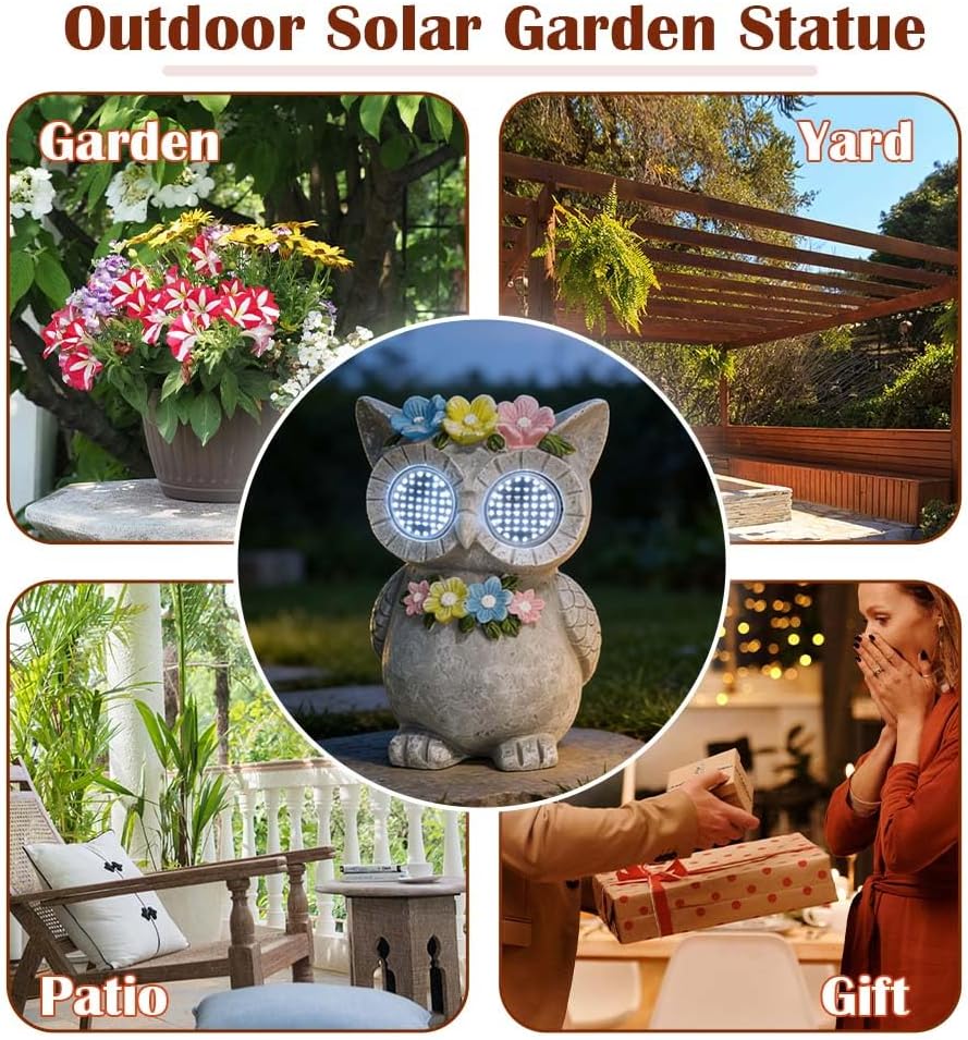 Outdoor Solar Garden Statue, Dynamic LED Light with Flower Sculpture, Art Decor for Patio Porch Lawn Backyard, Housewarming Gifts for Women (Stone Owl)