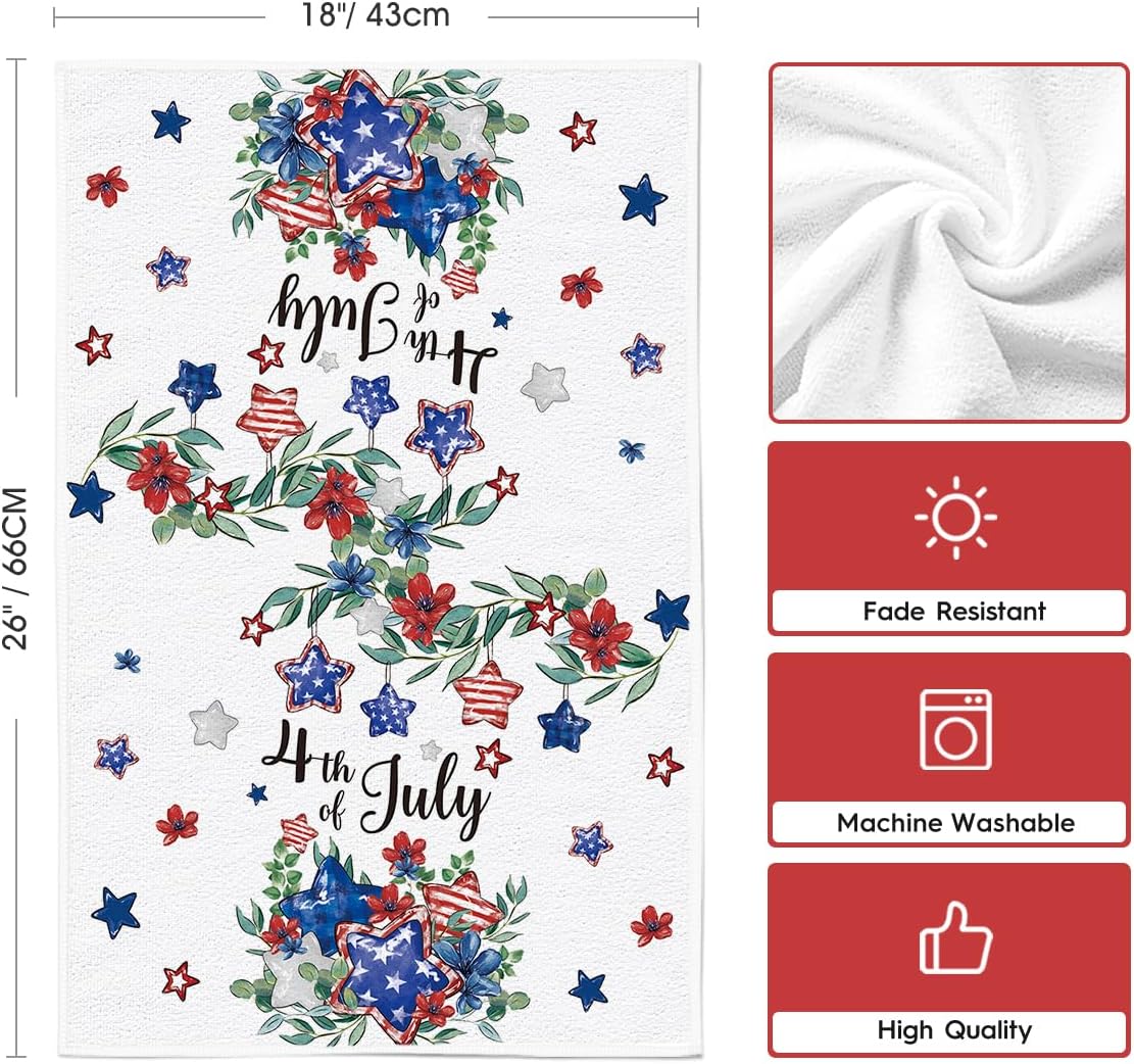 Artoid Mode Stripes Star Floral 4th of July Kitchen Towels Dish Towels, 18x26 Inch Independence Day Decoration Cleaning Set of 2