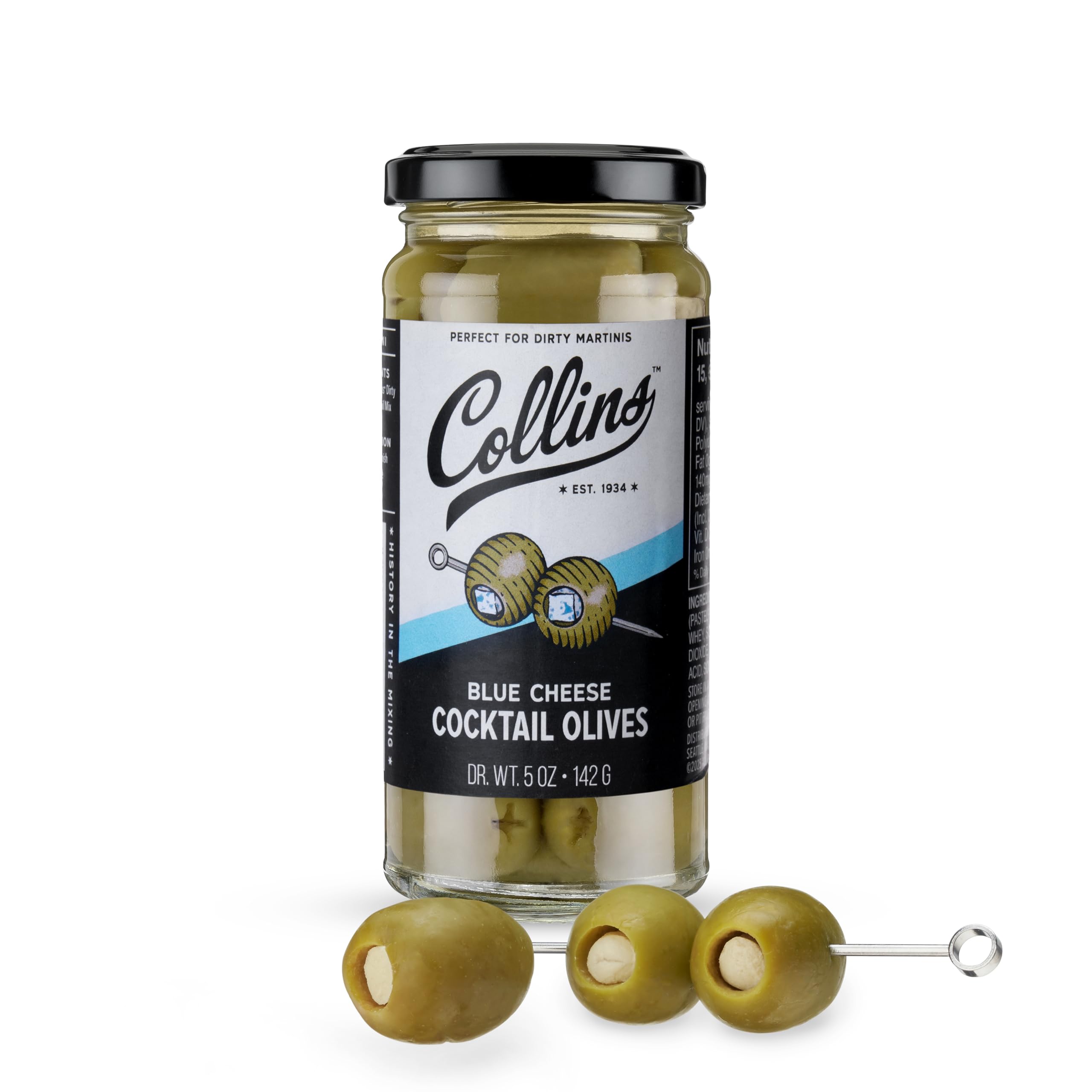 Collins Gourmet Blue Cheese Olives, Premium Stuffed-Cheese Garnish for Cocktails, Martinis, Bloody Marys, Snack Trays, Charcuterie, and Salads, Condiment Olives, 4.5 Oz