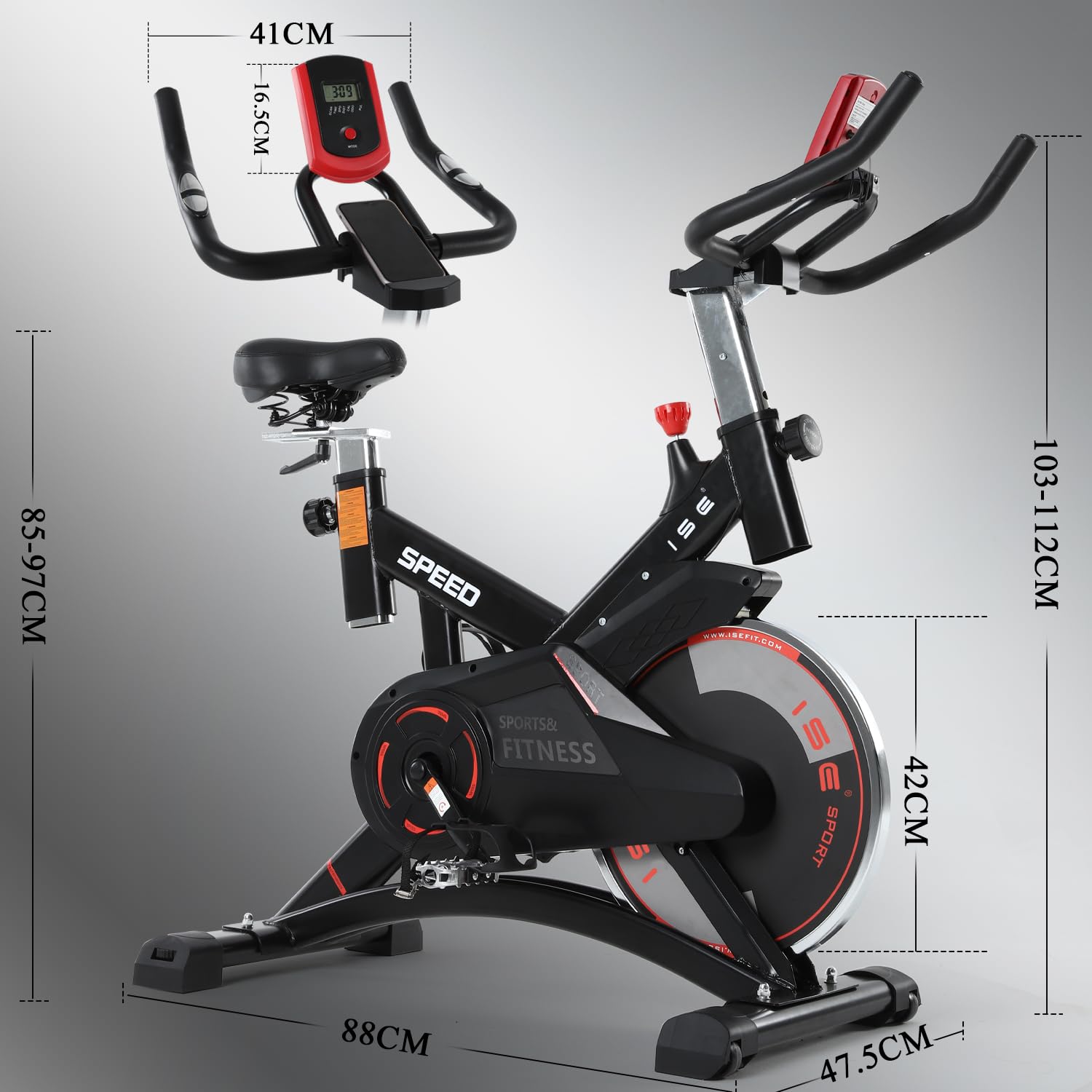 ISE Profesjonalny rower treningowy z czujnikiem tętna, regulowany opór, wyświetlacz, rower statyczny, fitness w domu z kierownicą bezwładnościową, rower stacjonarny do pomieszczeń z regulowanym