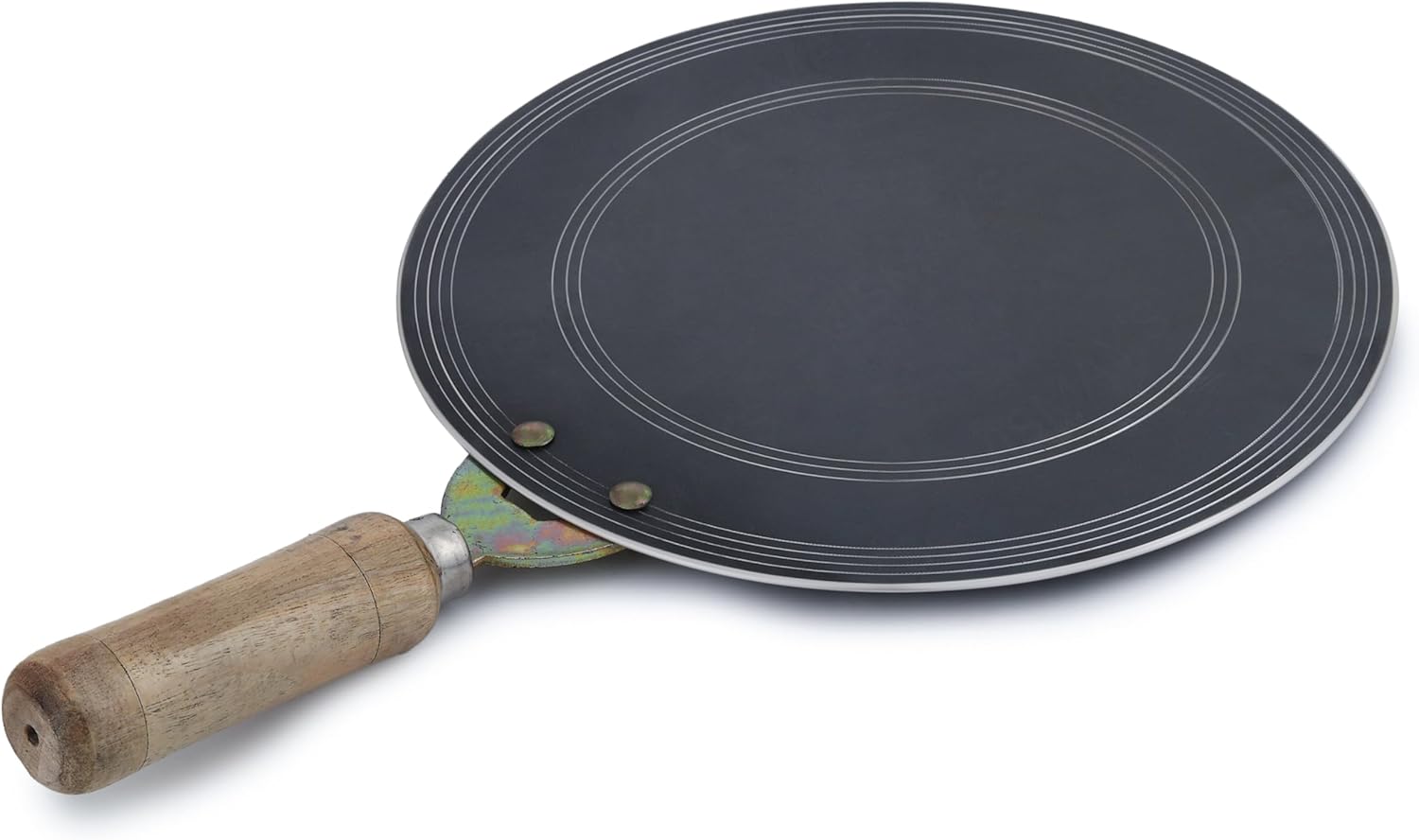 VISMAY'S Food Grade Pure Iron Flat Tawa 11 Inch First in India with Smooth Edge Technology Mastercrafted by Artisans Riveted Wooden Handle Dishwasher Safe Gas Compatible Metal Spoon Friendly