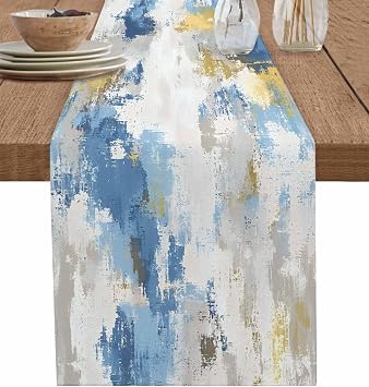 Blue Table Runners 70 Inches Long, Modern Geometric Grey Yellow Table Runner Dresser Scarf for Bedroom, Oil Painting Abstract Art Farmhouse Coffee Table Runner for Dining/Kitchen Island/Party 13"x70"