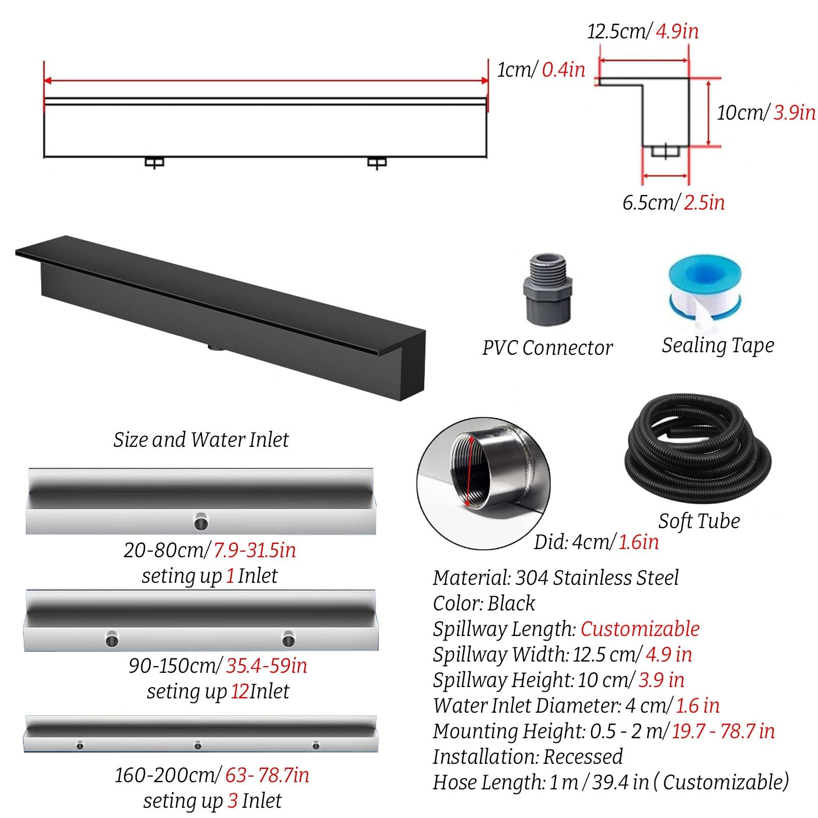Spillway304, fontana a cascata nera, 190 cm, con tubo morbido e connettore, per stagni e patio, 1 pezzo