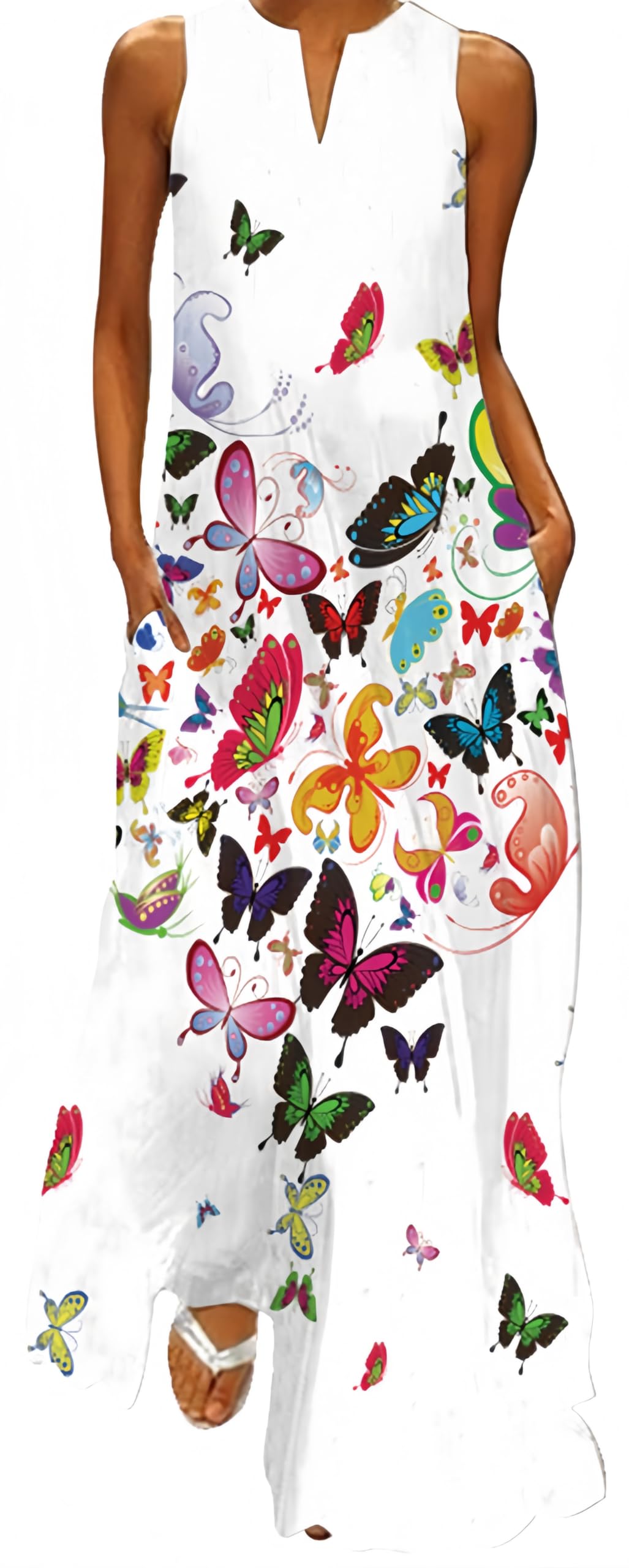 Ocean Plus Robe Longue sans Manches Col V Robe Décontractée Ample avec Poches Latérales, Robe de Plage Vacances Femme Tailles S à 5XL (XL, Bunte Schmetterlinge)