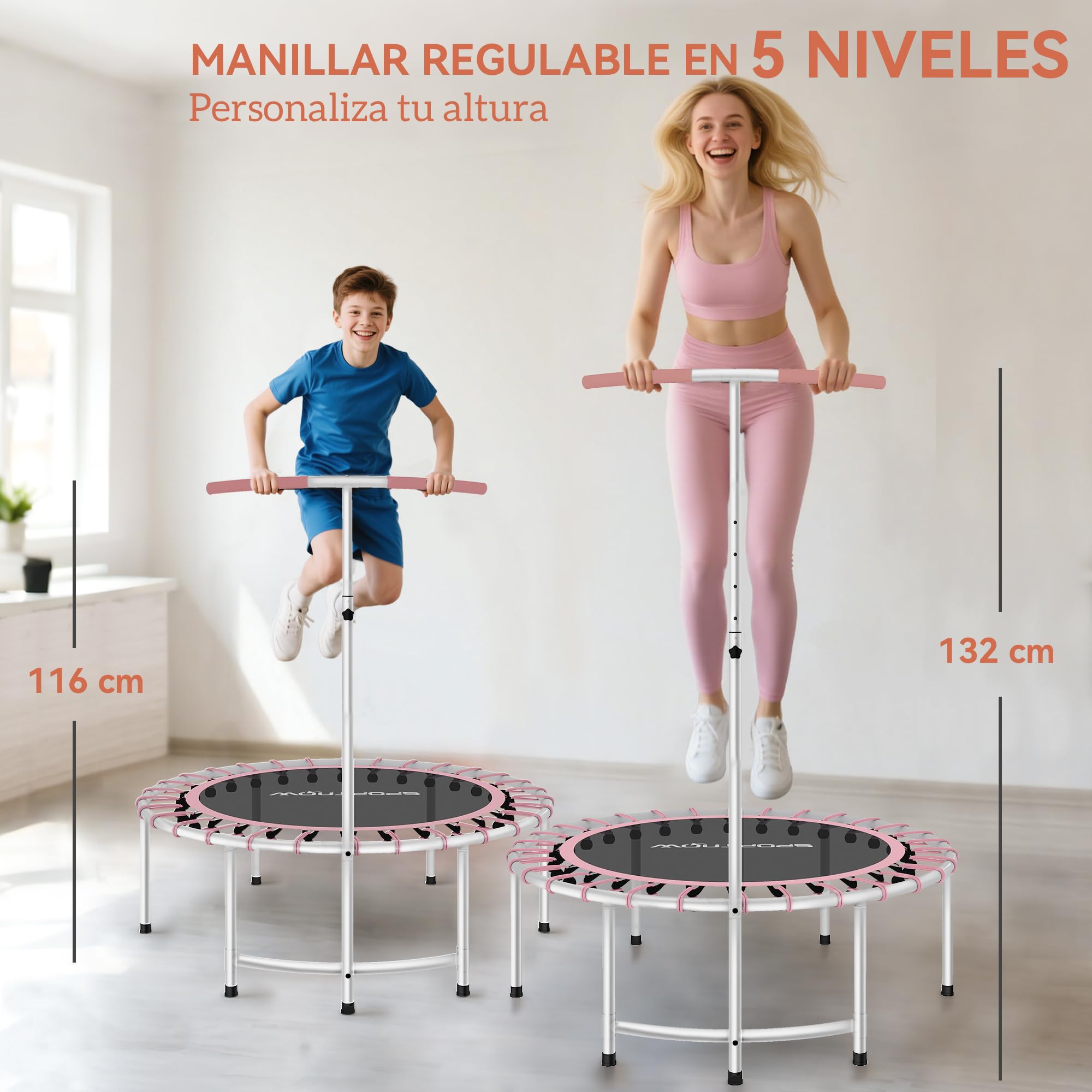 SPORTNOW Trampolín de Fitness Adultos Ø102 cm, Mini Cama Elástica Fitness con Mango Ajustable de 5 Niveles, Marco de Acero, para Entrenamiento Piernas, Cuerpo en Hogar, Oficina, Gimnasio, Rosa