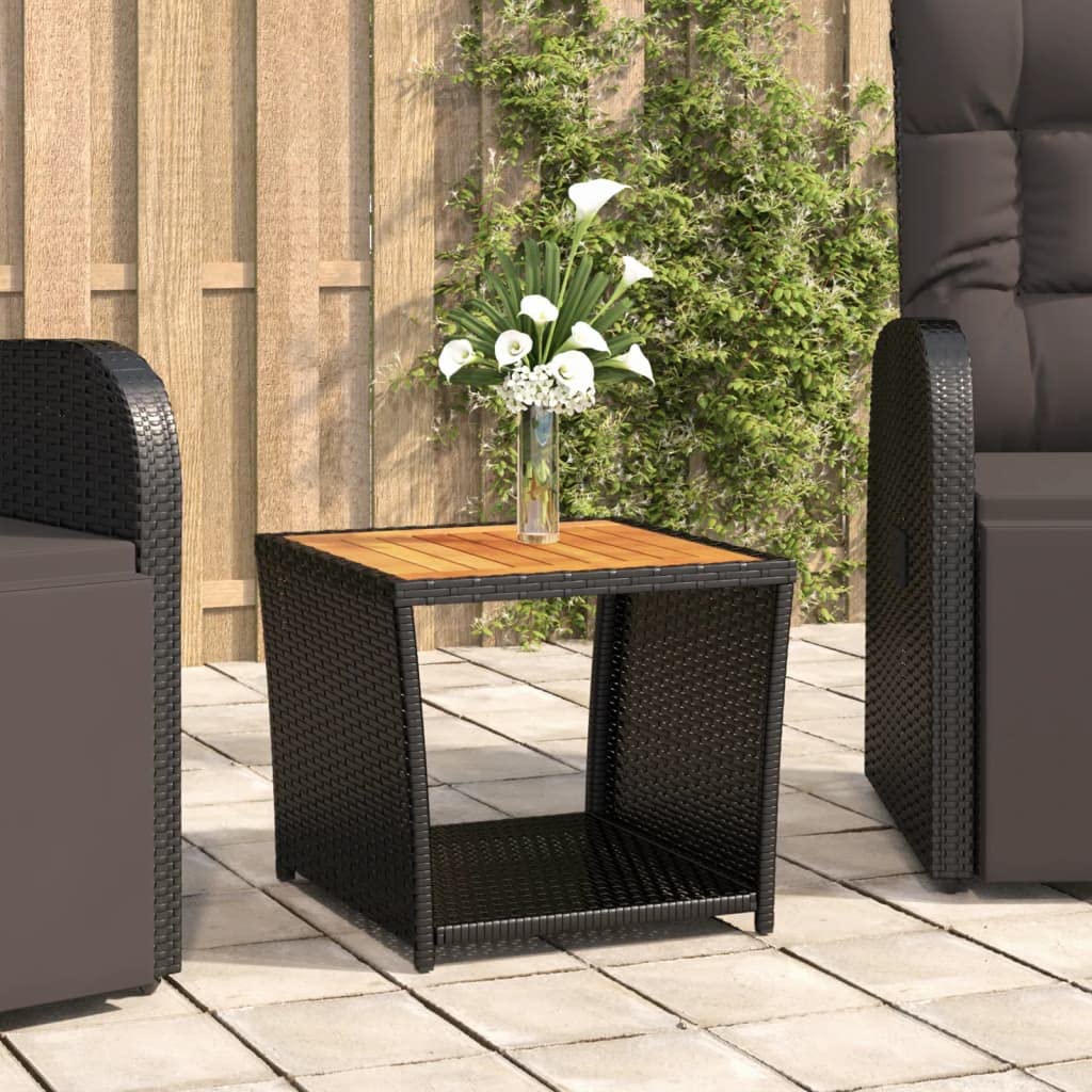 SXZenSpace Garden Coffee Table Black 45 cm PE Rattan & Acacia Wood Top, Weather-resistant Bistro Tea for Patio Balcony Camping, Small Outdoor Furniture