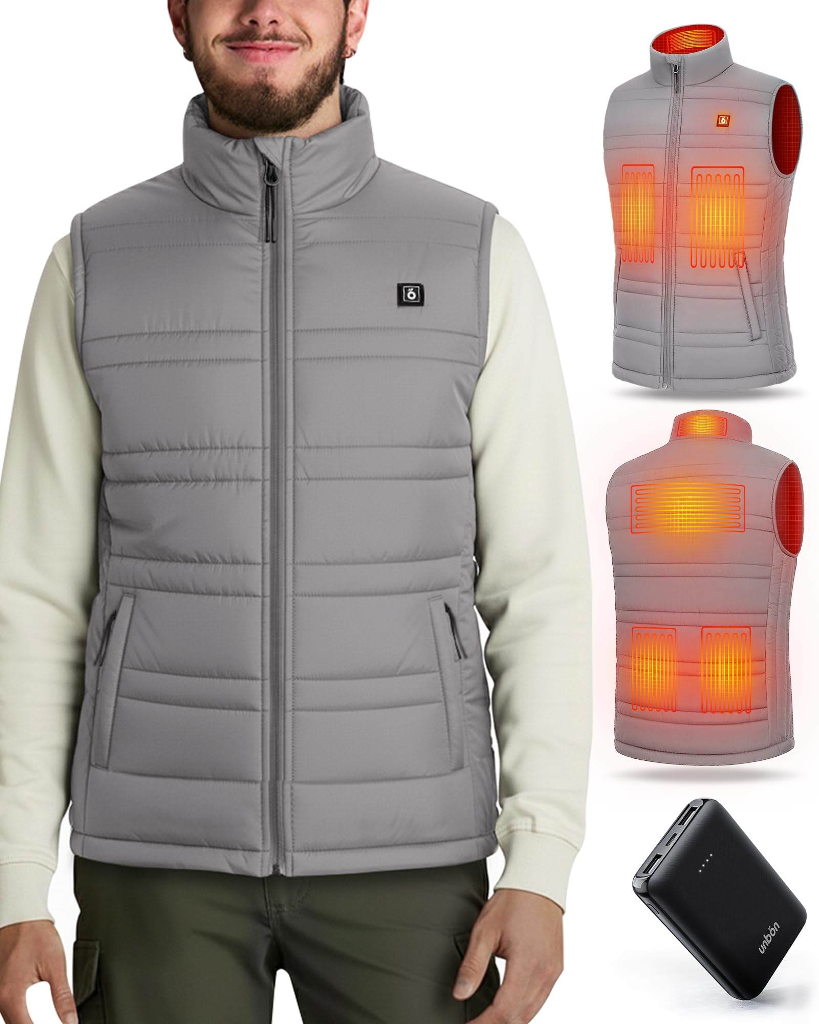 UNBON Gilet Riscaldato Uomo, Giubbotto Riscaldato Uomo con Batteria USB 10000mAh, Gilet Riscaldante Termico 3 Temperature 6 Zone di Calore, Giubbotto Riscaldante Invernale per Moto Caccia