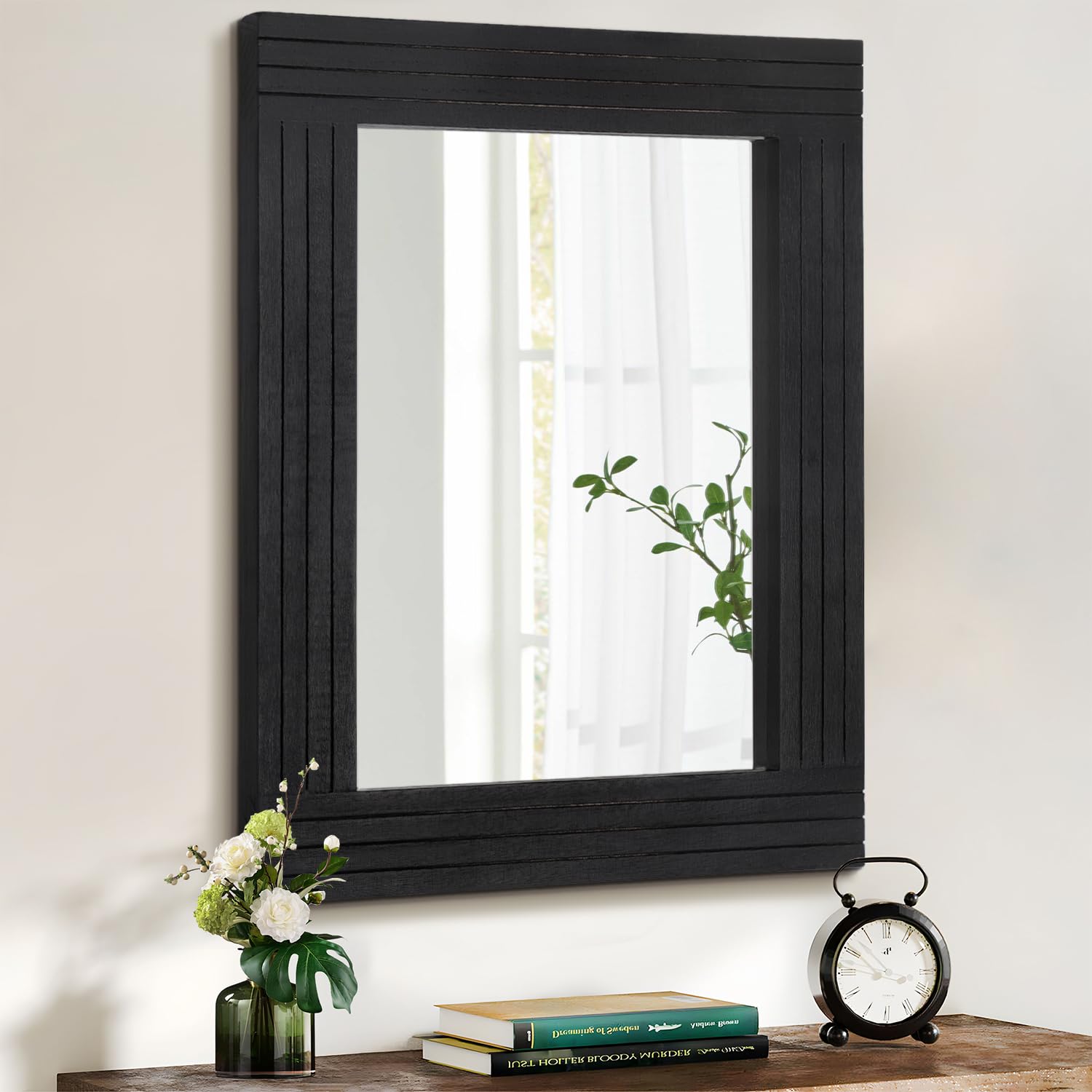 Black Wall Mirror Rectangular Vintage Rustic Wood Framed Large Mirror Decor Farmhouse Living Room Bathroom Bedroom Entrance 45x65cm