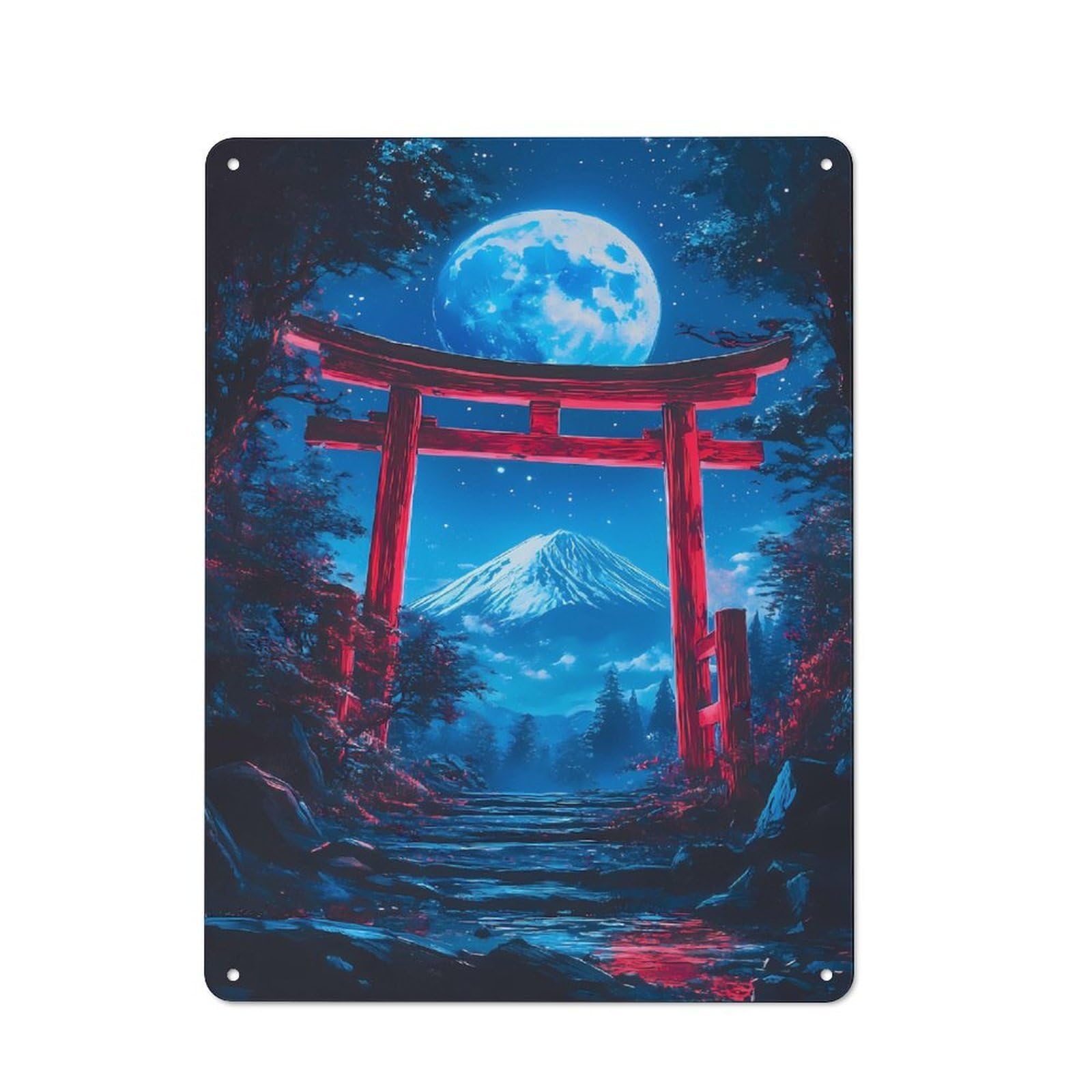 Decorative Metal Plaque with Mount Fuji Night Scene Torii Gate Design 40x30cm, Modern Retro Studio Wall Art for Workspace, Cafe, Hallway Or Garage