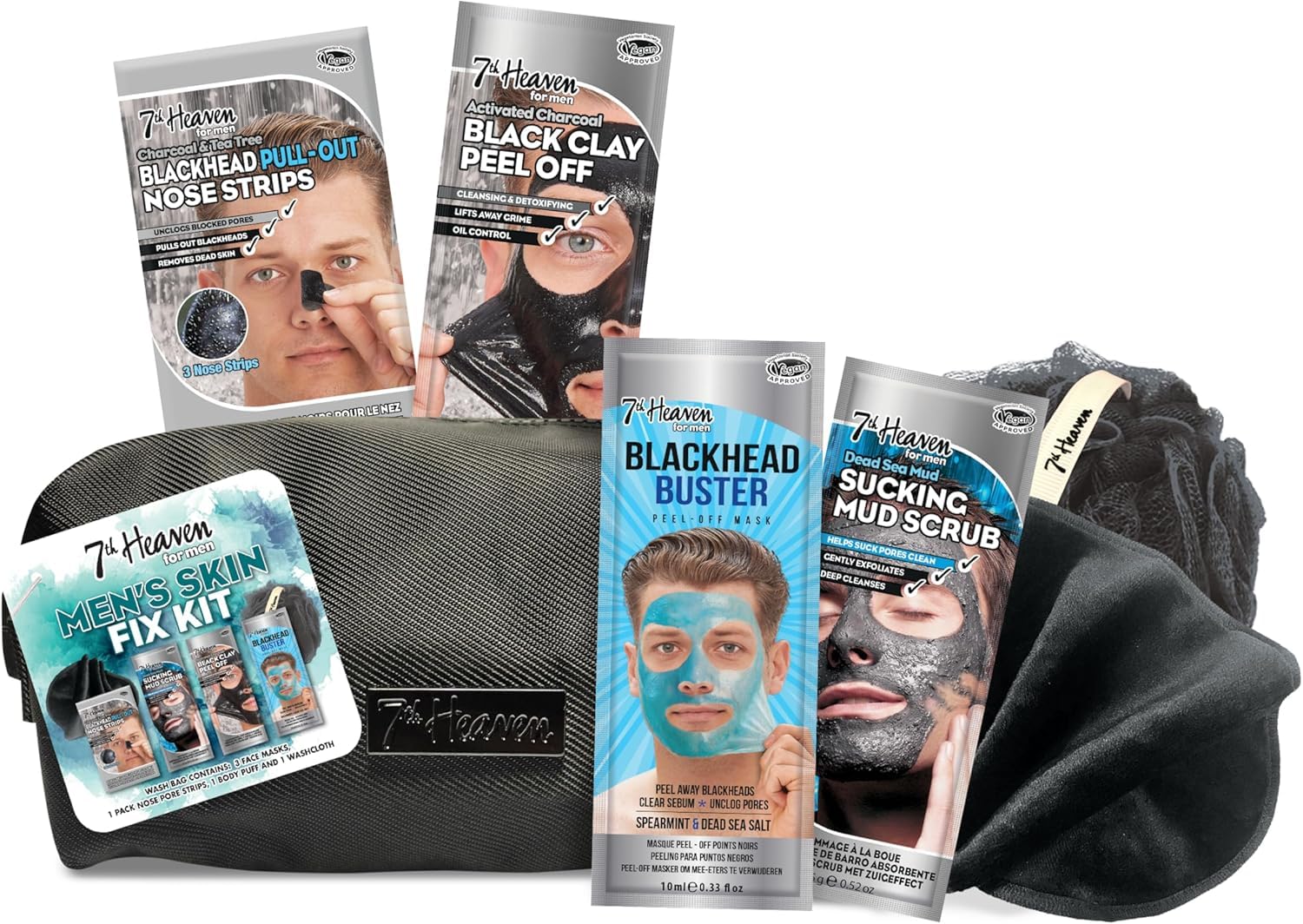 7th Heaven Men’s Skin Essentials Gift Set – 3 Face Masks with Charcoal & Dead Sea Salt + T-Zone Pore Strips, Black Wash Bag, Exfoliating Body Puff & Face Cloth – Deep Cleansing Skincare Gift for Him