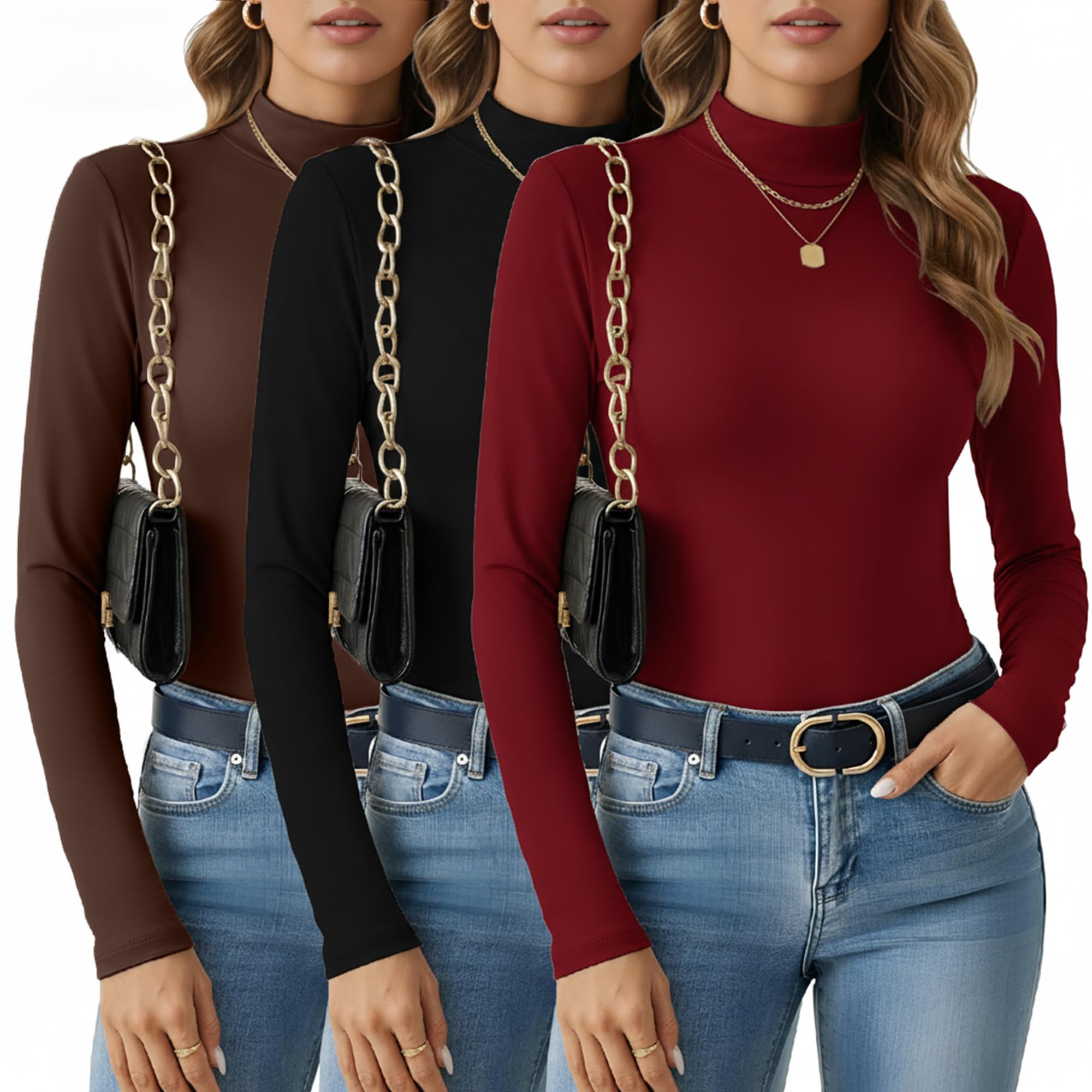 Patelai 3 pezzi da donna termiche dolcevita morbido collo alto top invernale compressione manica lunga strato di base top