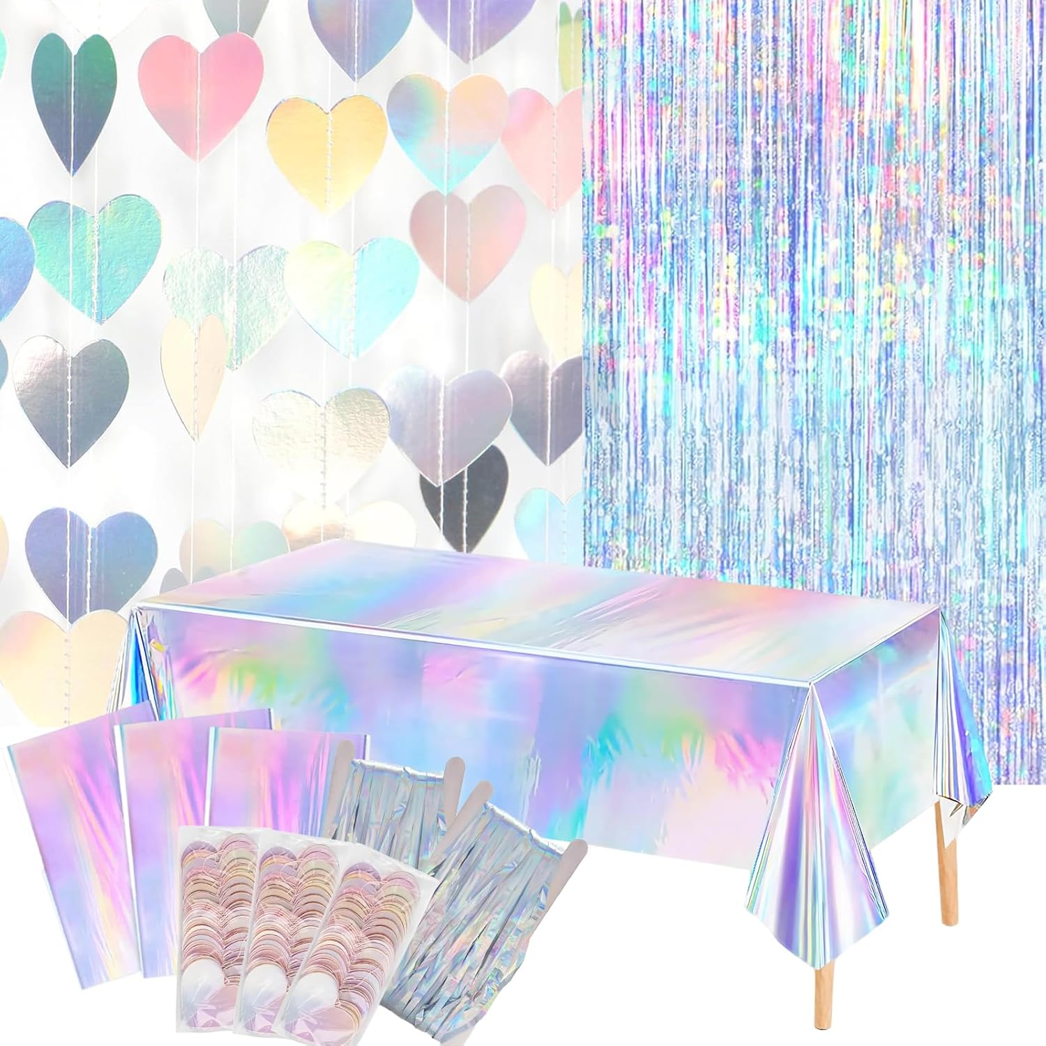 8 PCS Iridescent Disco-Holographic Party Decorations – Love-Heart Garland Streamers Banner, Disposable Laser Tablecloth, Tinsel Foil Fringe Curtains | Birthday, Bachelorette, Engagement, 90s, 80s