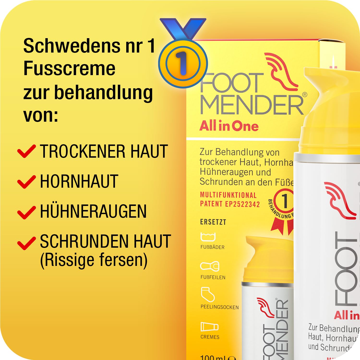 Footmender All in One Fußbehandlung, 100 ml | Behandelt trockene Füße, Gegen Hornhaut und Hühneraugen, Heilt Schrunden, Signifikante Wirkung nach erster Behandlung
