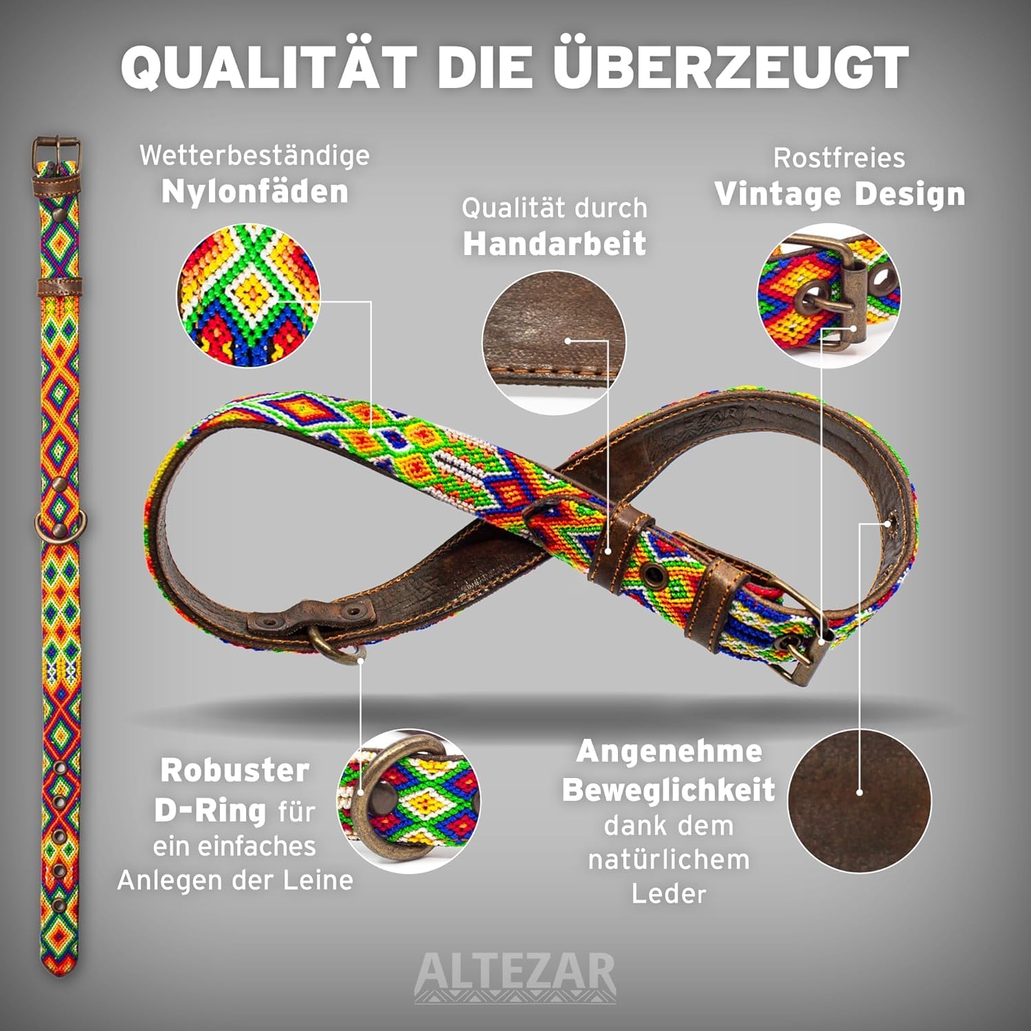 Hundehalsband Leder - braunes Rindsleder Tribal Farbenrausch durchgehend Bestickt bunt - Handgemacht in Mexiko Lederhalsband Hund - Größe M - für mittel-große Hunde