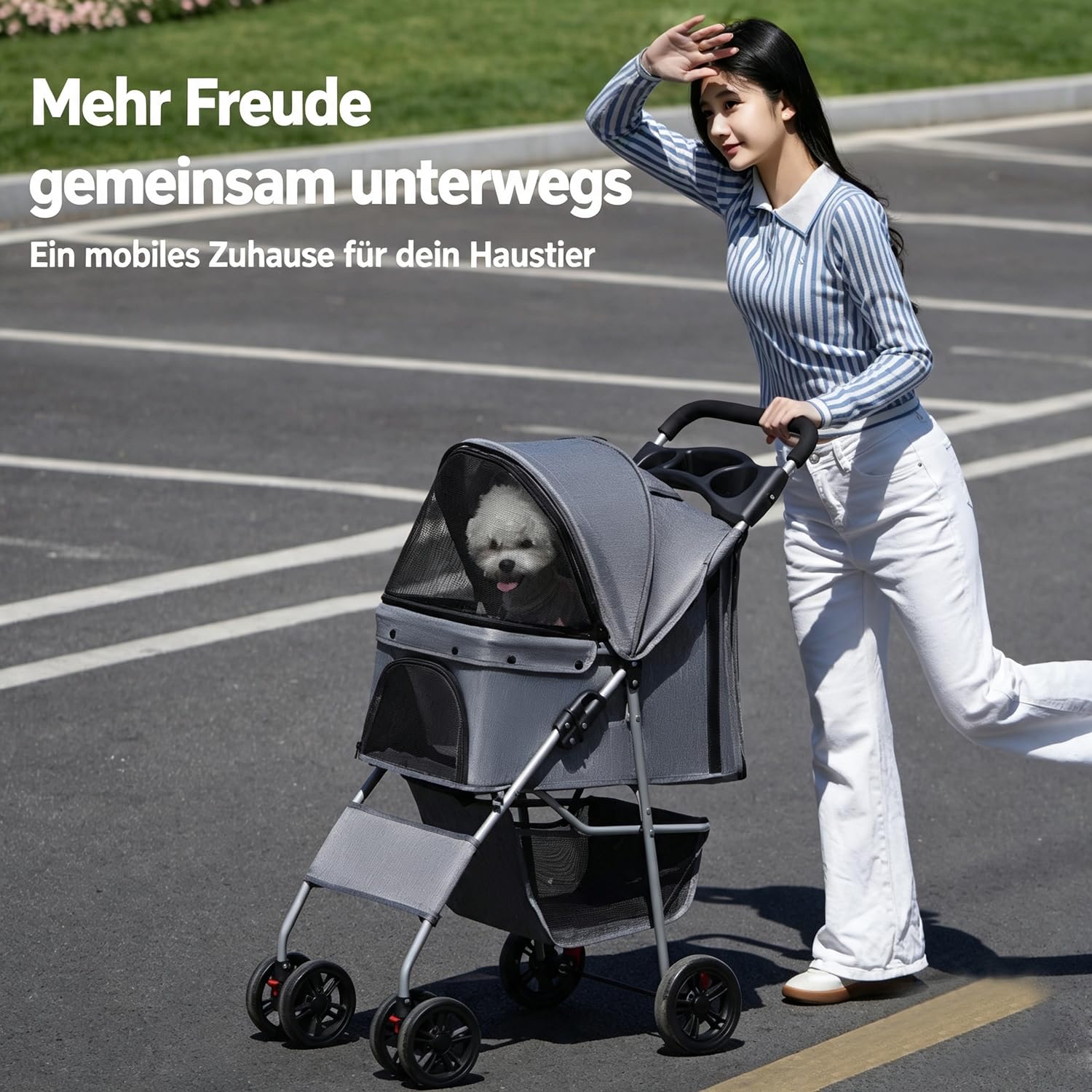 Hundewagen Hundebuggy faltbar Haustier Kinderwagen mit verstellbarem Sonnendach, Polster & Korb, Räder mit Bremse Getränkehaltern Speiseteller Katze & Kleintiere,Schwarz