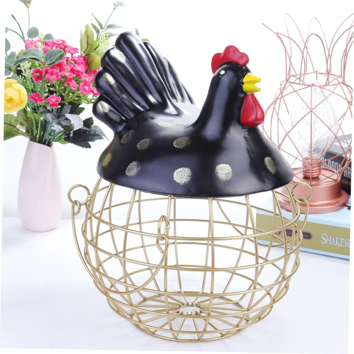 MAGICLULU Creative Iron Art Egg Storage Basket Chicken-shaped Holder for Fresh Eggs Fruits Multi-function Kitchen Organizer Rustic Decor Open Design for Easy Access Round Dot