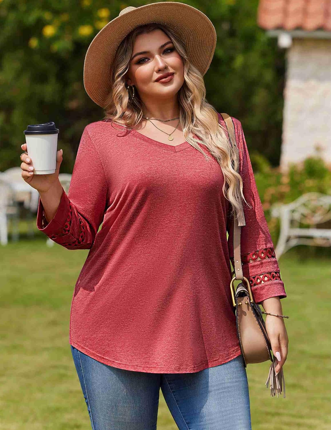 IN'VOLAND Womens Plus Size Tops 3/4 Length Sleeve Shirts Dressy Casual V Neck T Shirts Loose Summer Business Work Blouses - Image 2